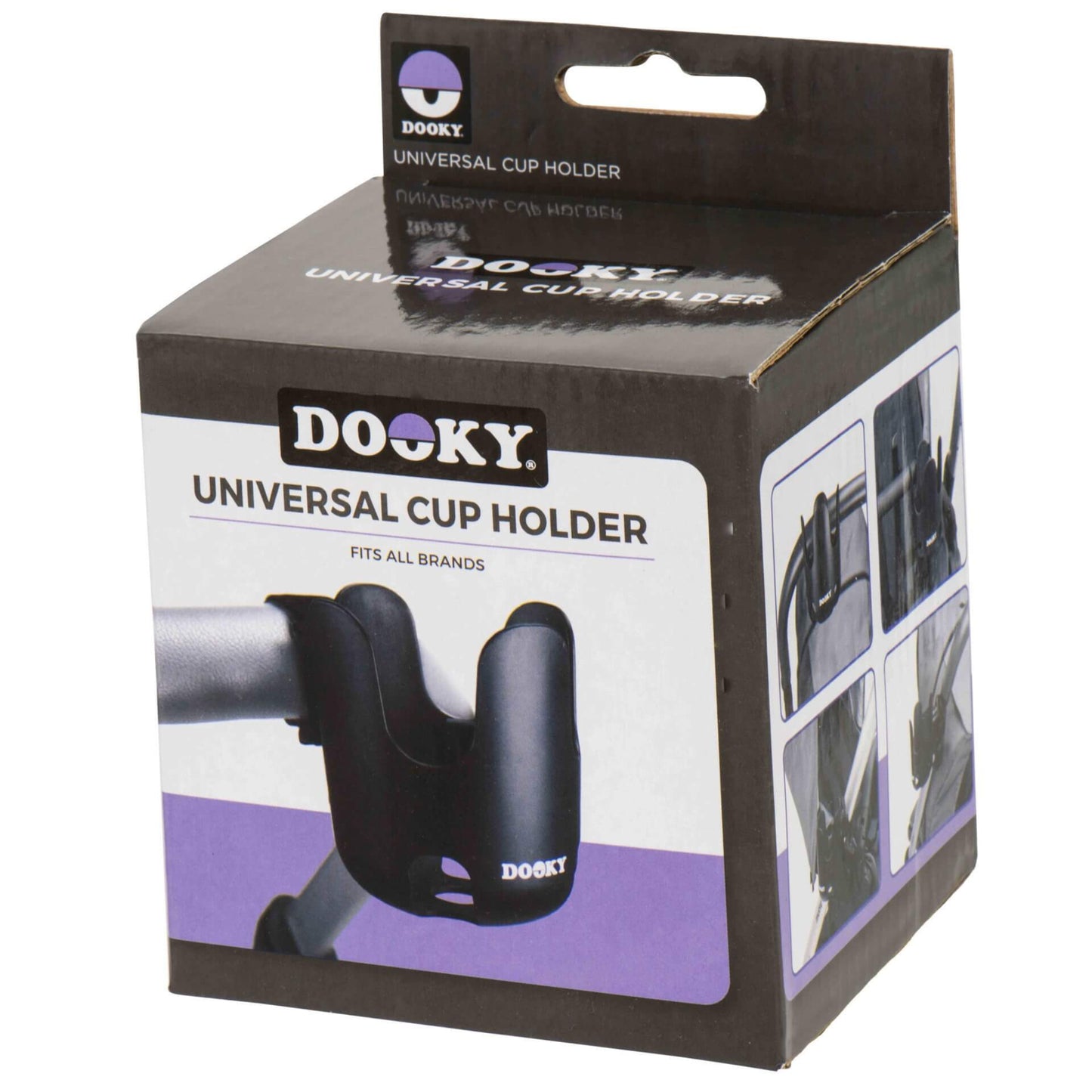A retail box of a Dooky universal cup holder showing product images and branding on the packaging.