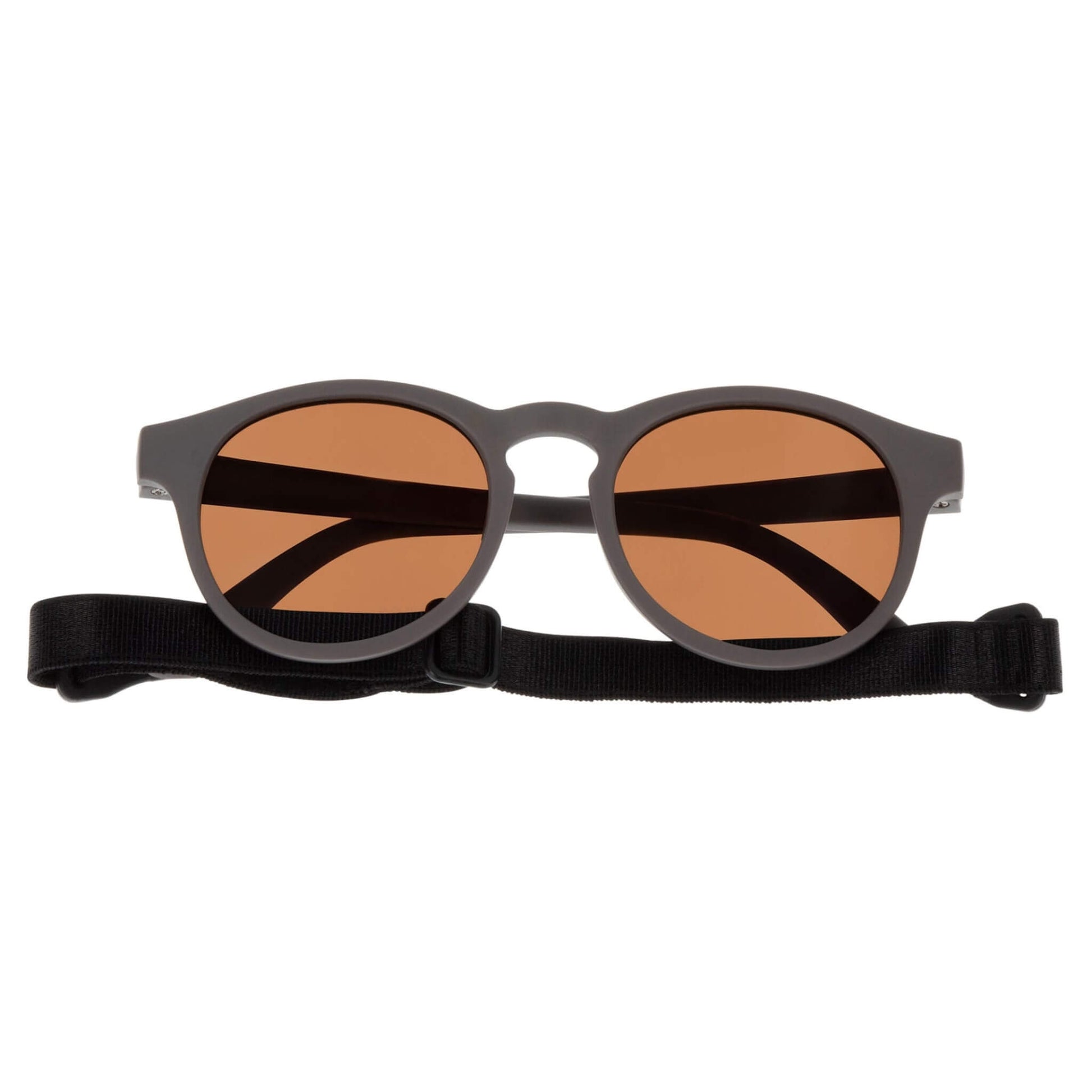 Dooky Sunglasses Aruba Falcon shown front-facing with brown lenses and a soft Falcon adjustable strap, designed for babies and toddlers aged 6–36 months.