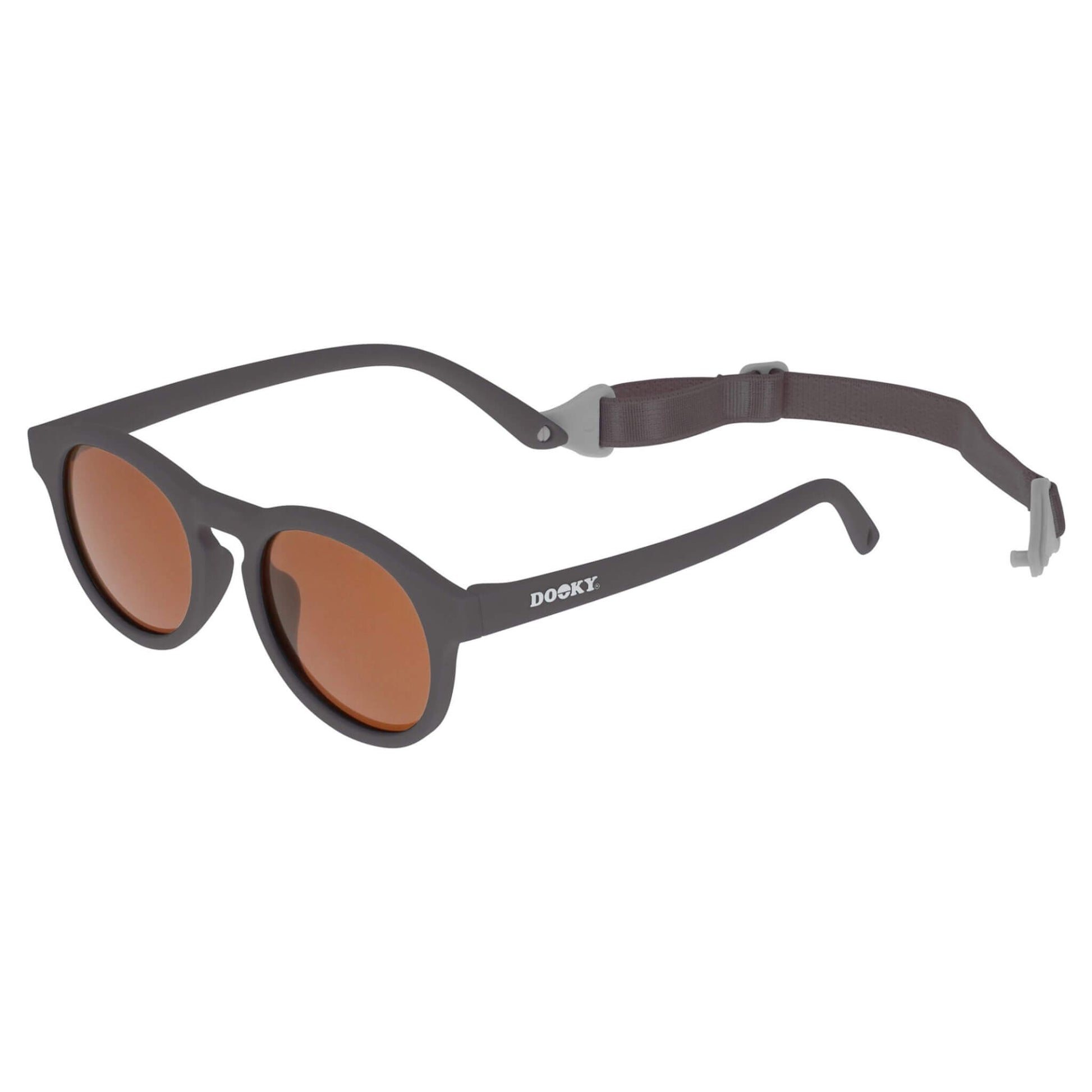 Angled side view of round Falcon toddler sunglasses with attached strap and curved arms for a secure fit.
