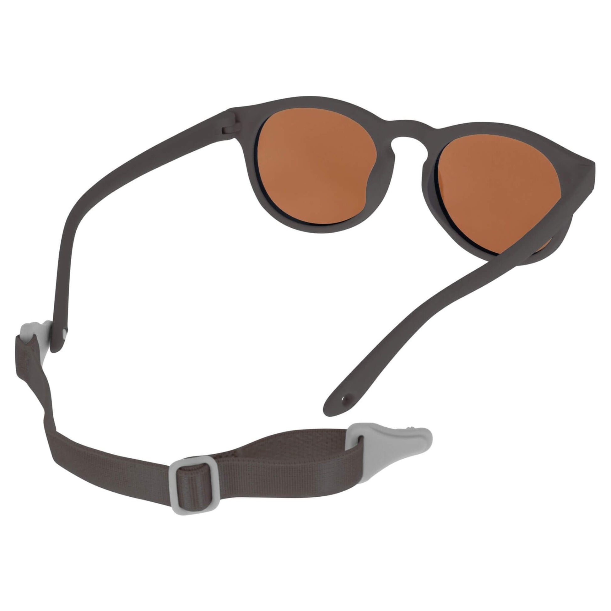 Rear view of a pair of baby sunglasses with brown lenses and a detachable strap positioned behind the frame.