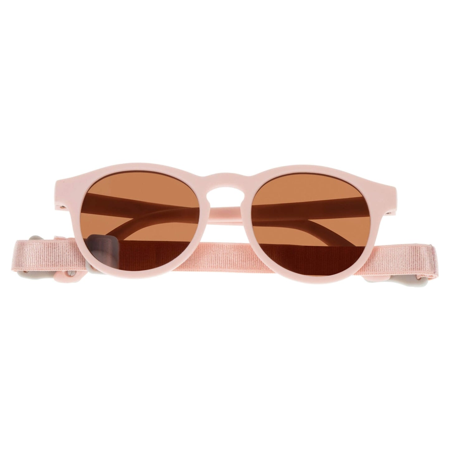 Dooky Sunglasses Aruba Pink shown front-facing with brown lenses and a soft Pink adjustable strap, designed for babies and toddlers aged 6–36 months.