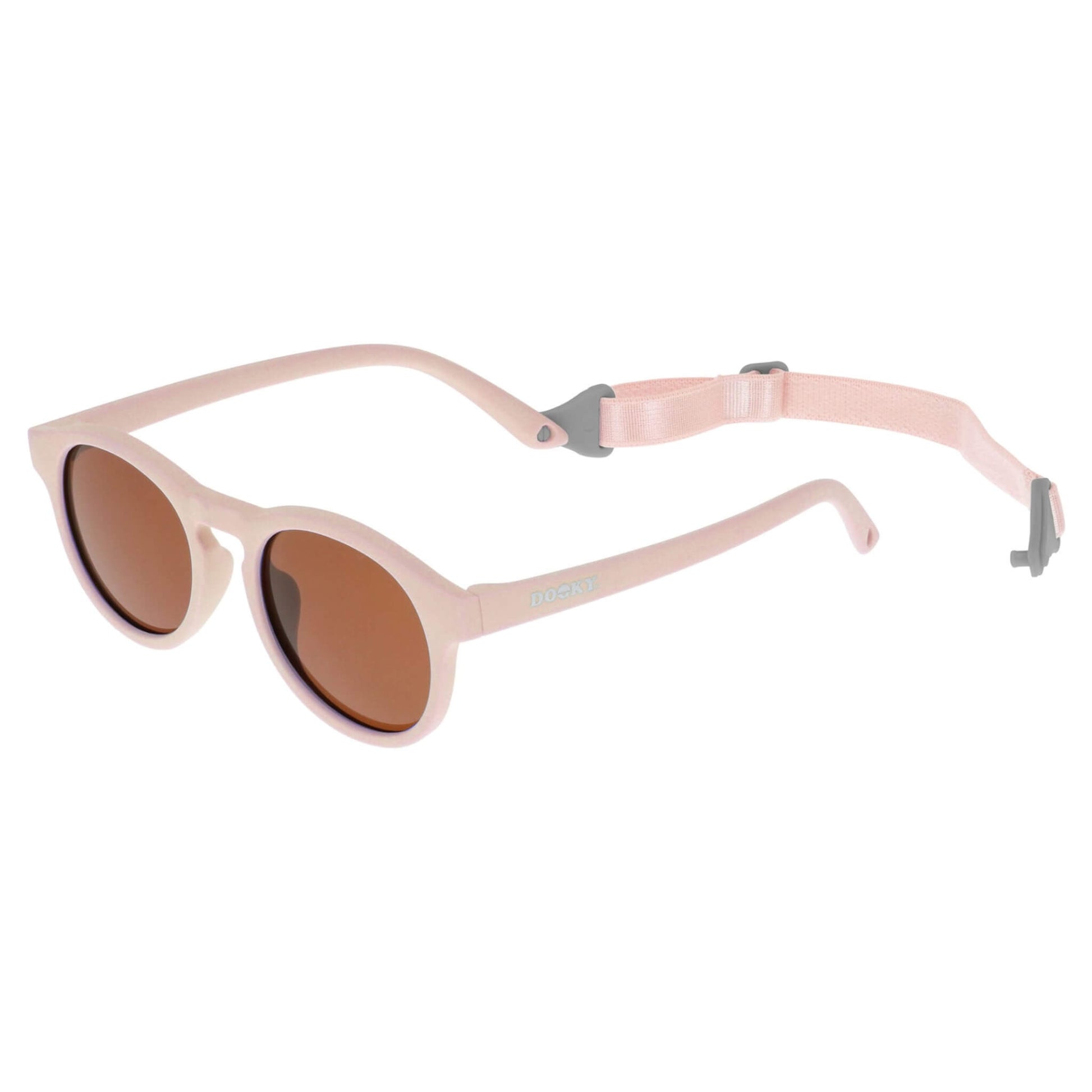 Angled side view of round Pink toddler sunglasses with attached strap and curved arms for a secure fit.