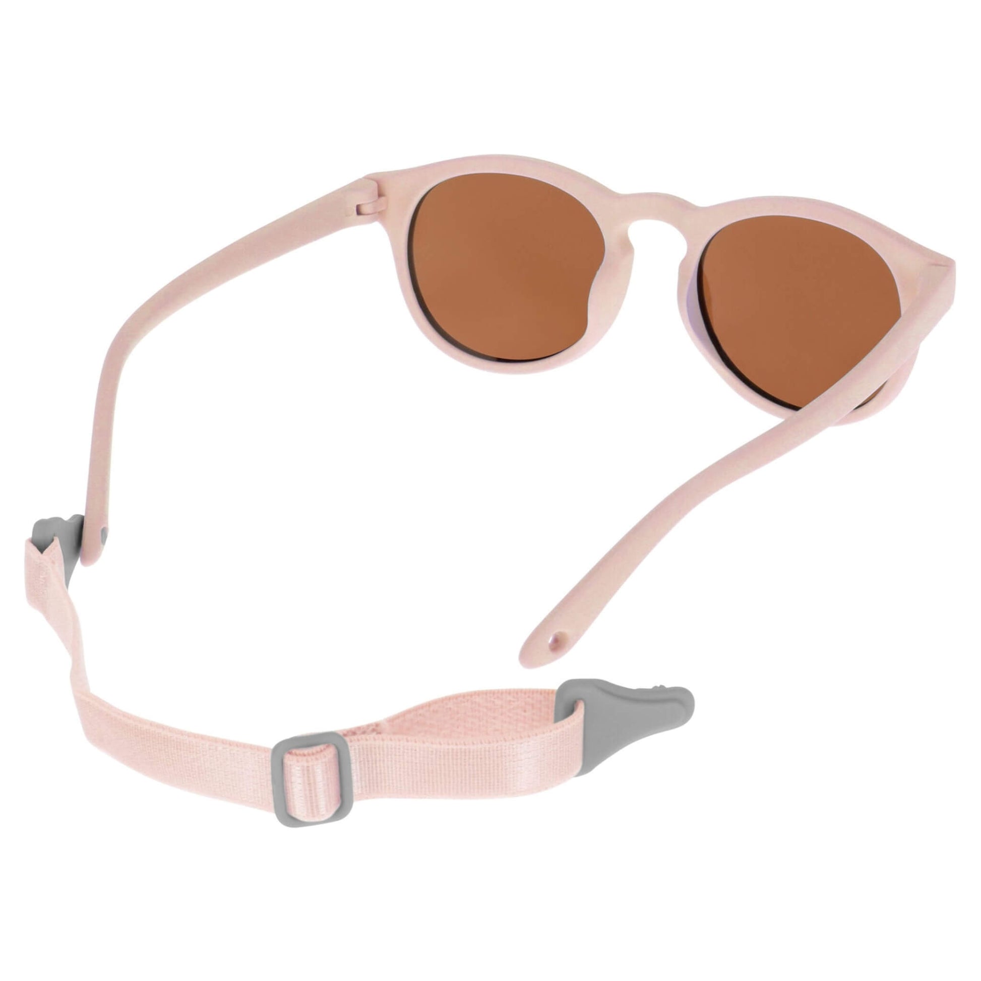 Rear view of a pair of baby sunglasses with brown lenses and a detachable strap positioned behind the frame.