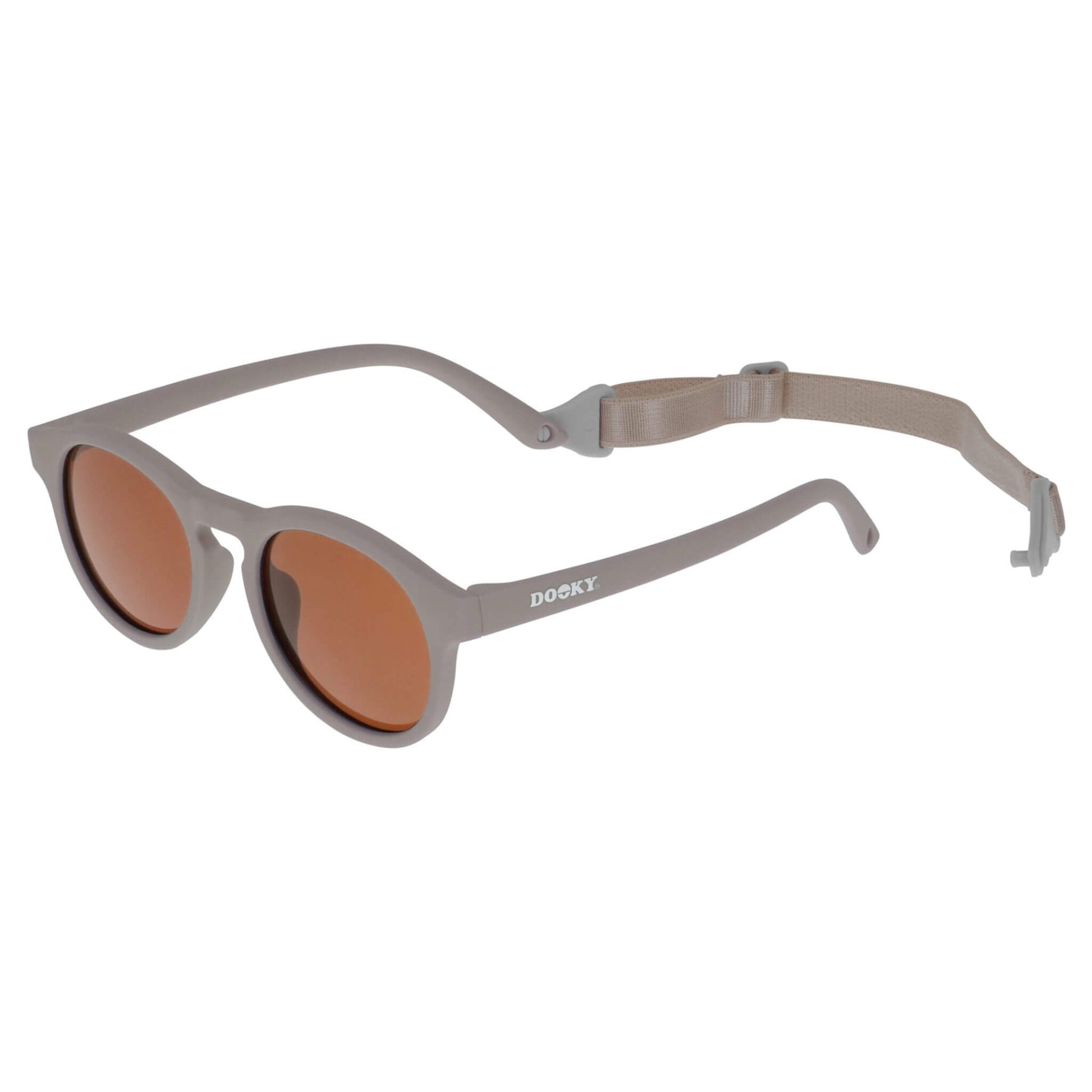 Angled side view of round taupe toddler sunglasses with attached strap and curved arms for a secure fit.