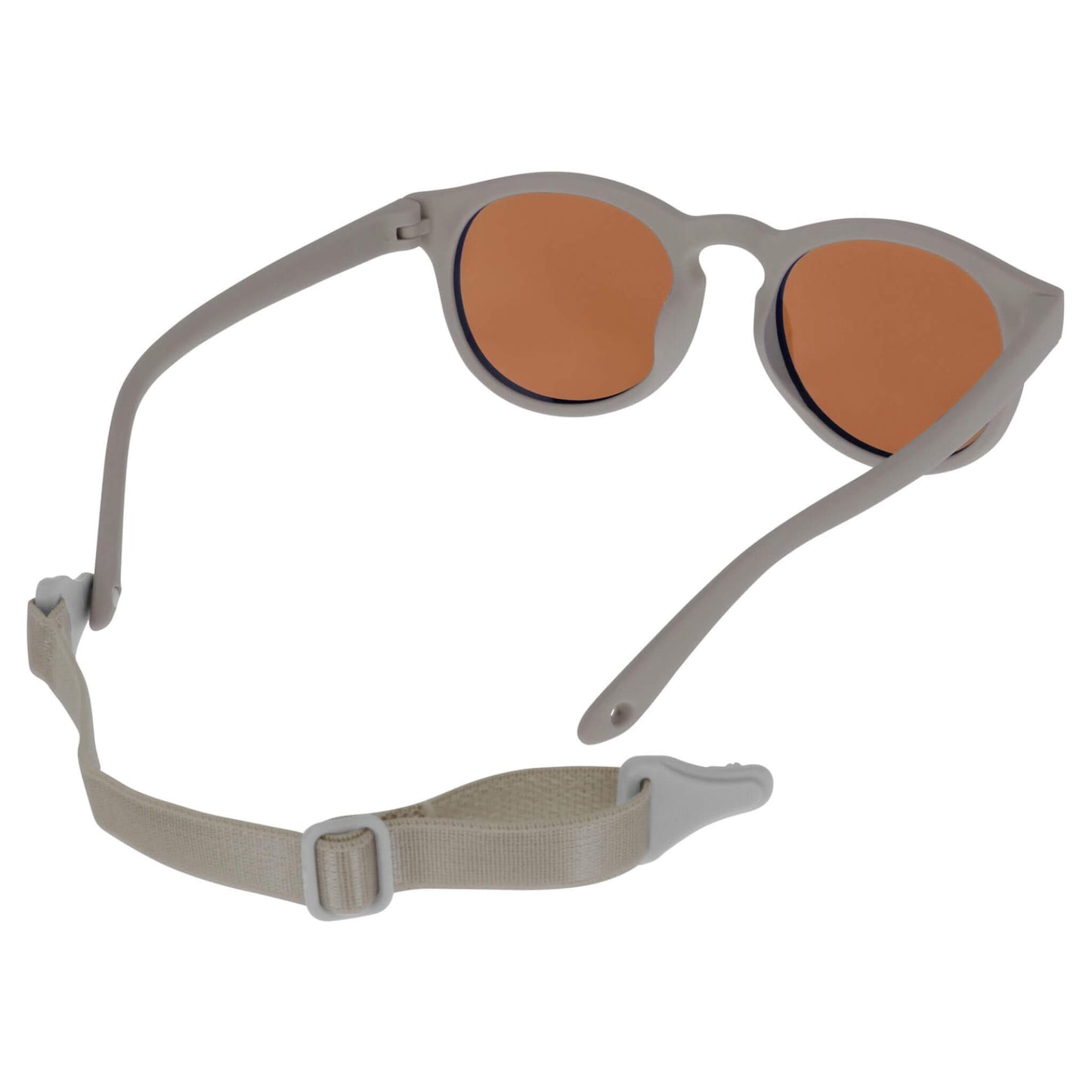Rear view of a pair of baby sunglasses with brown lenses and a detachable strap positioned behind the frame.