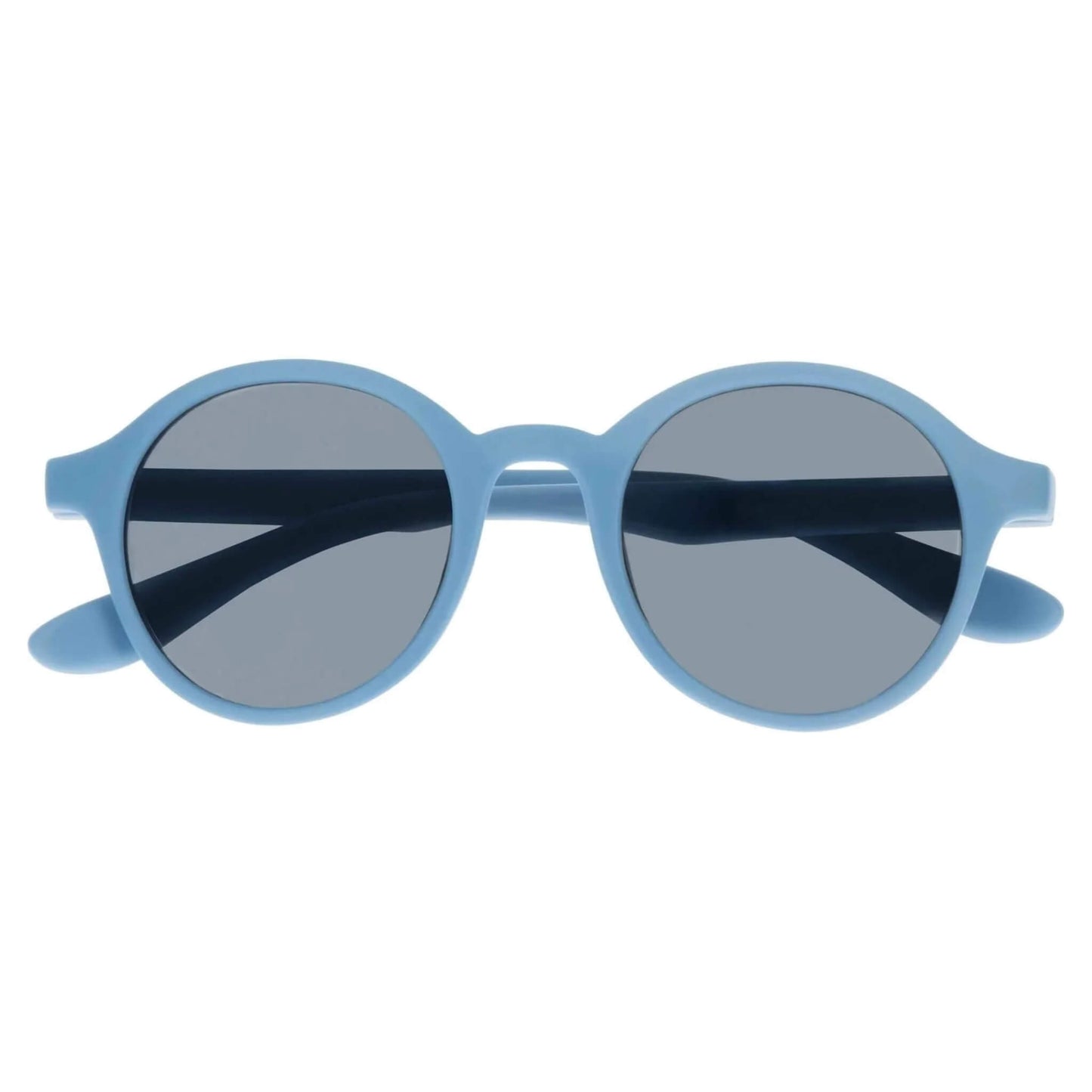 Dooky Bali Sunglasses in blue with round UV-400 lenses and flexible frame, shown front-facing to highlight fit and lens tint.