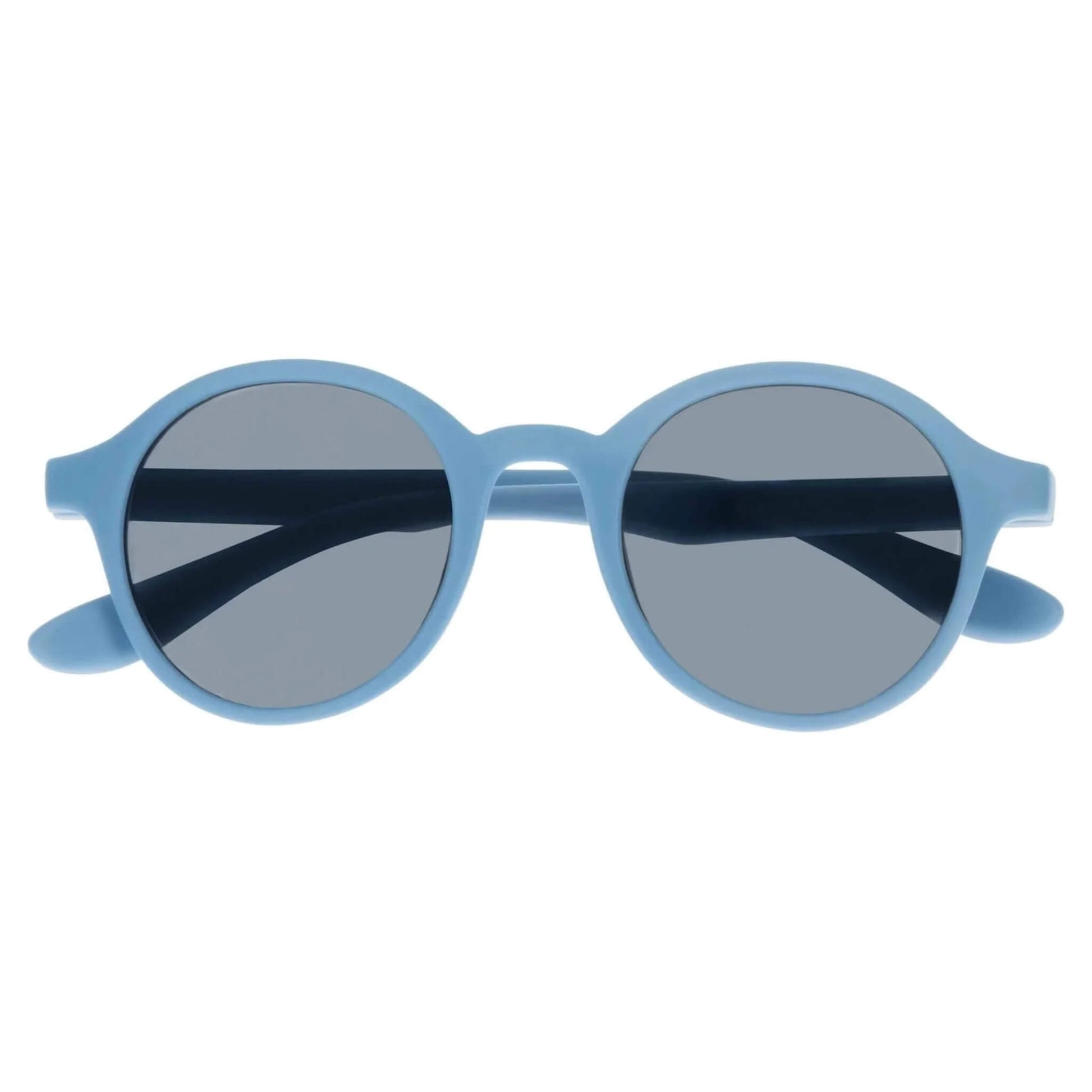 Dooky Bali Sunglasses in blue with round UV-400 lenses and flexible frame, shown front-facing to highlight fit and lens tint.