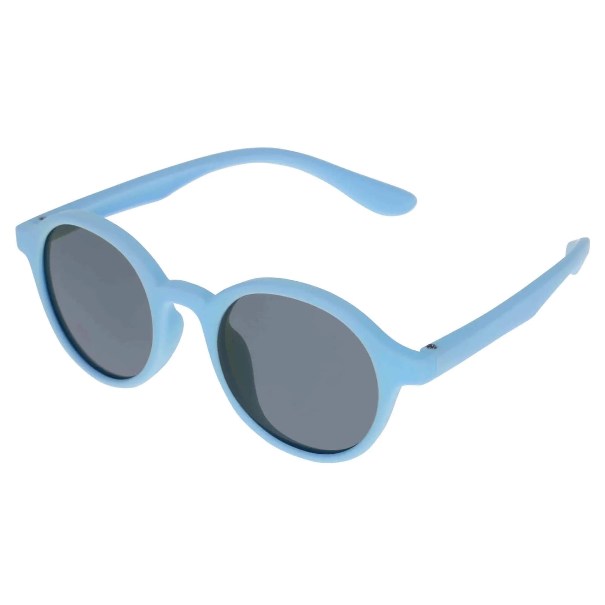 A pair of blue children’s sunglasses viewed at an angle, showing both arms extended and round dark lenses in a smooth matte frame.