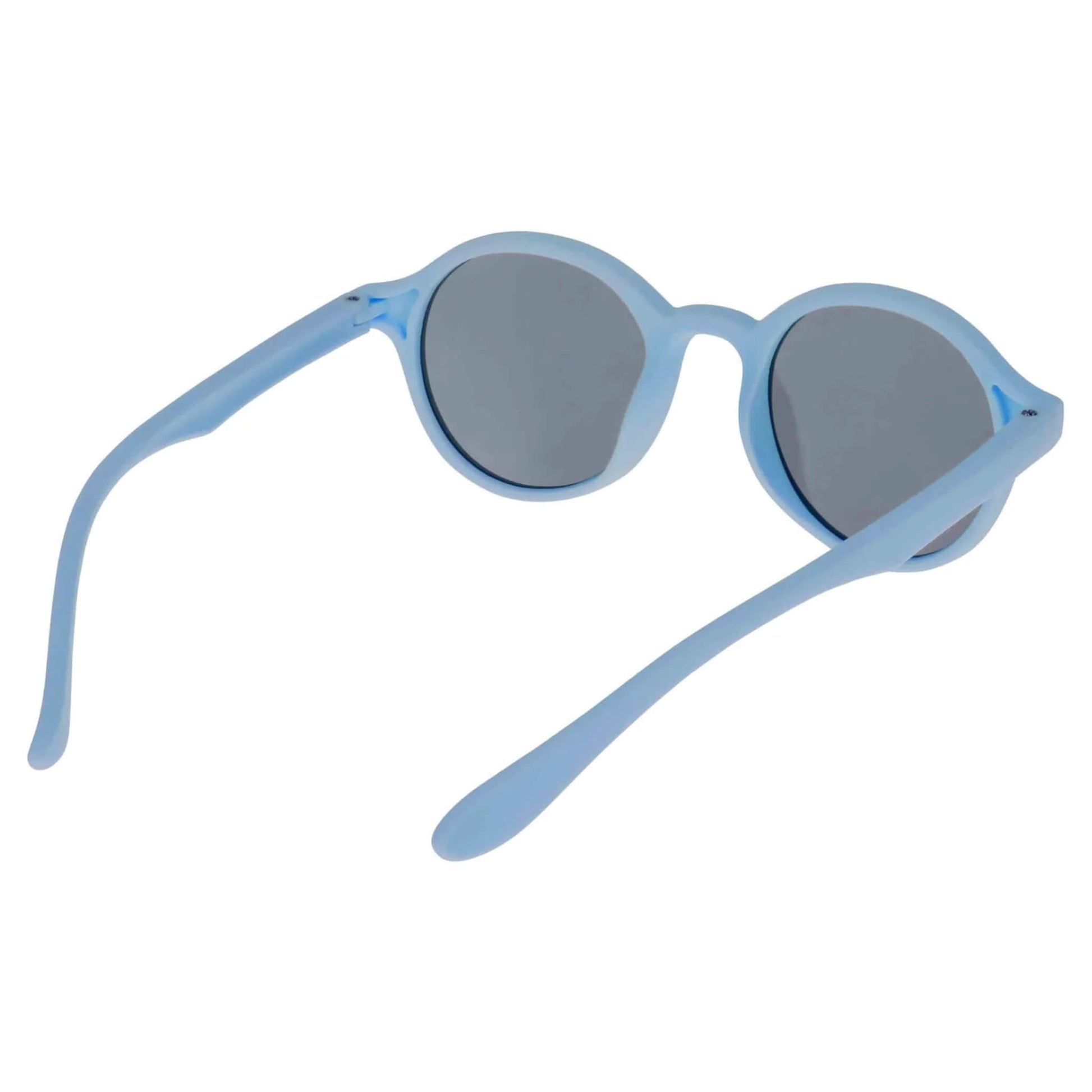 Blue kids’ sunglasses shown from the rear angle with both arms open, highlighting the interior side of the frame and lens coverage.