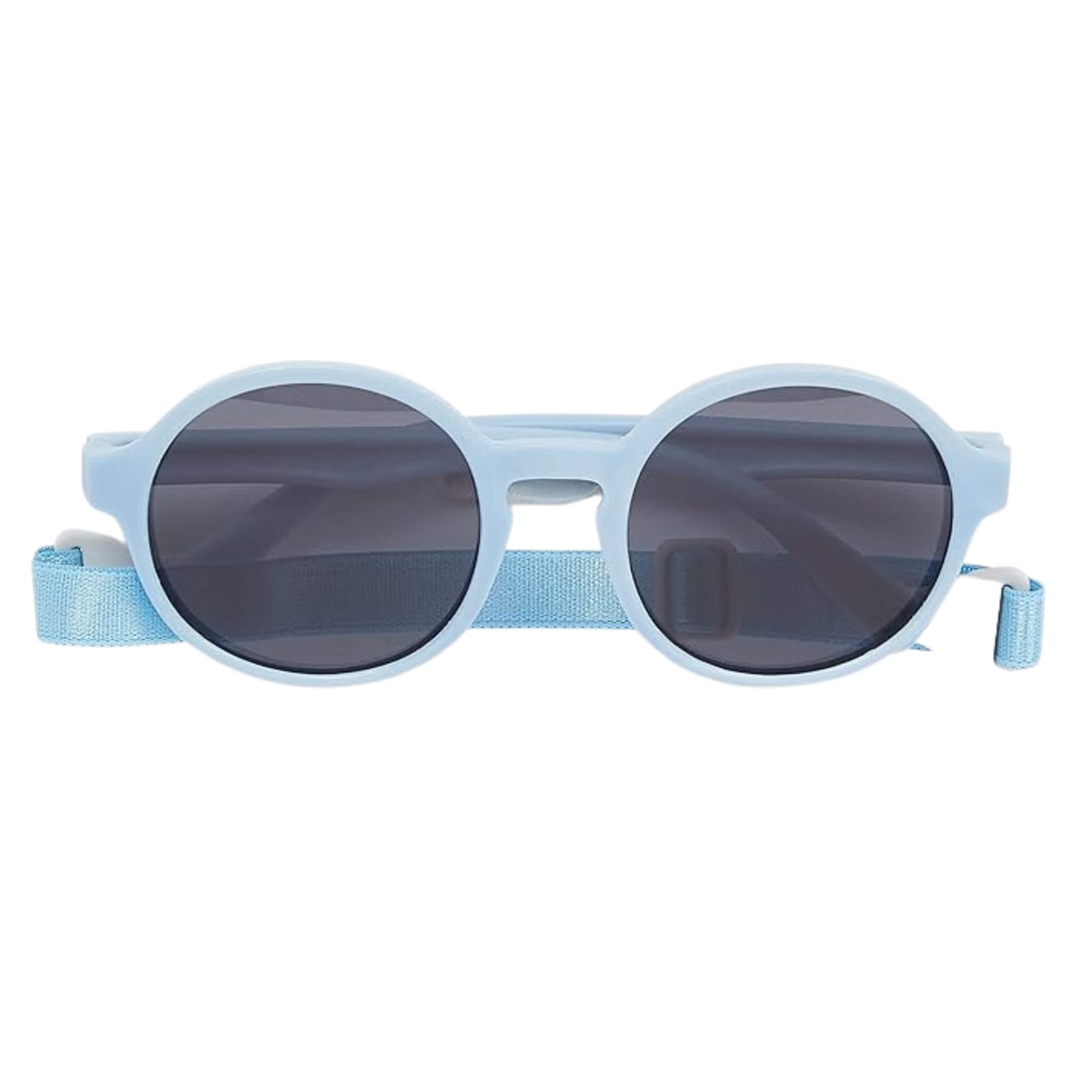 Dooky Fiji Sunglasses in blue with round UV-400 lenses, toddler-sized frame, and matching adjustable strap, shown front-facing for clear product detail.