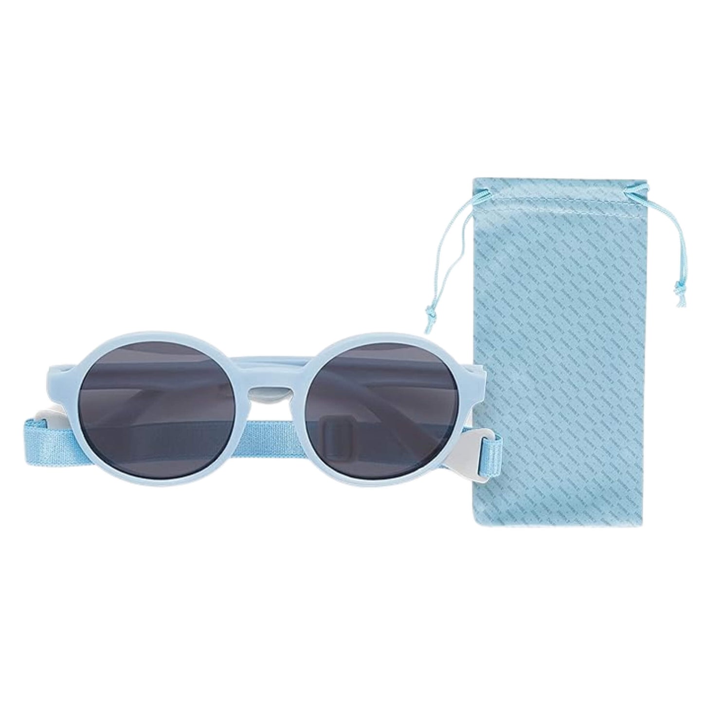 A pair of blue baby sunglasses displayed front-facing next to a matching soft drawstring pouch, showing both the product and included storage accessory.