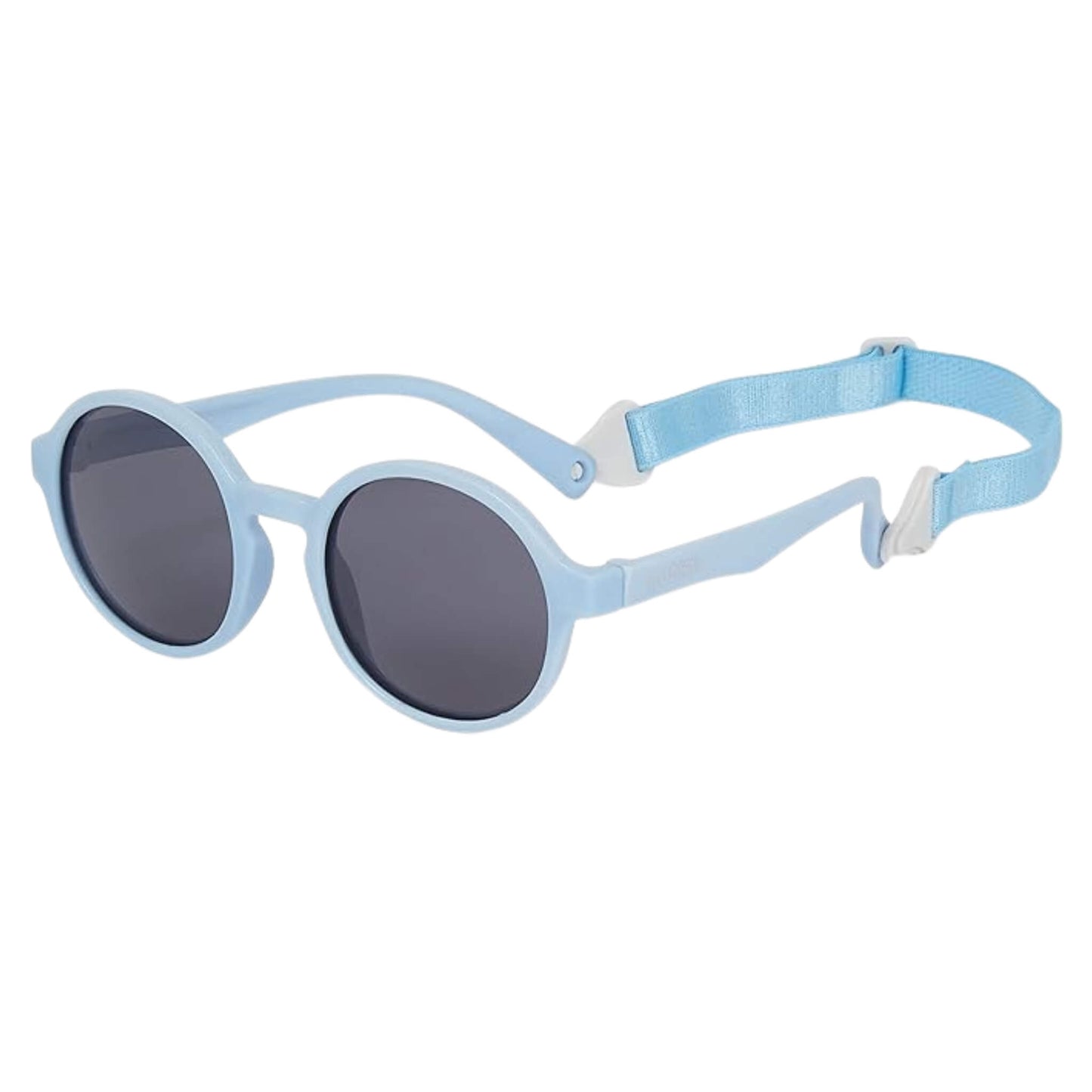 Side angle of a pair of blue sunglasses for toddlers with an attached light blue strap, showing the flexible arms and curved fit of the frame.