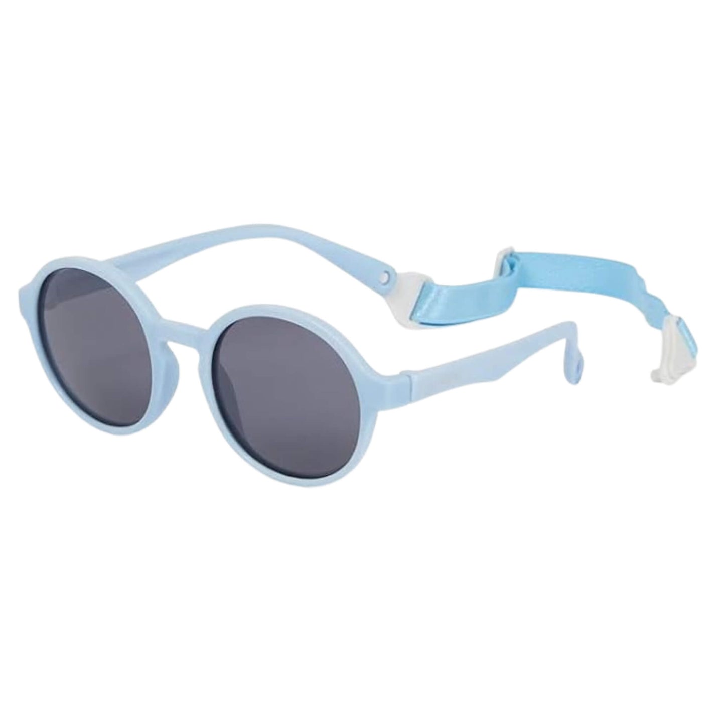 A pair of light blue toddler sunglasses shown from a side angle, featuring round dark lenses, curved arms, and an adjustable strap with plastic fasteners.