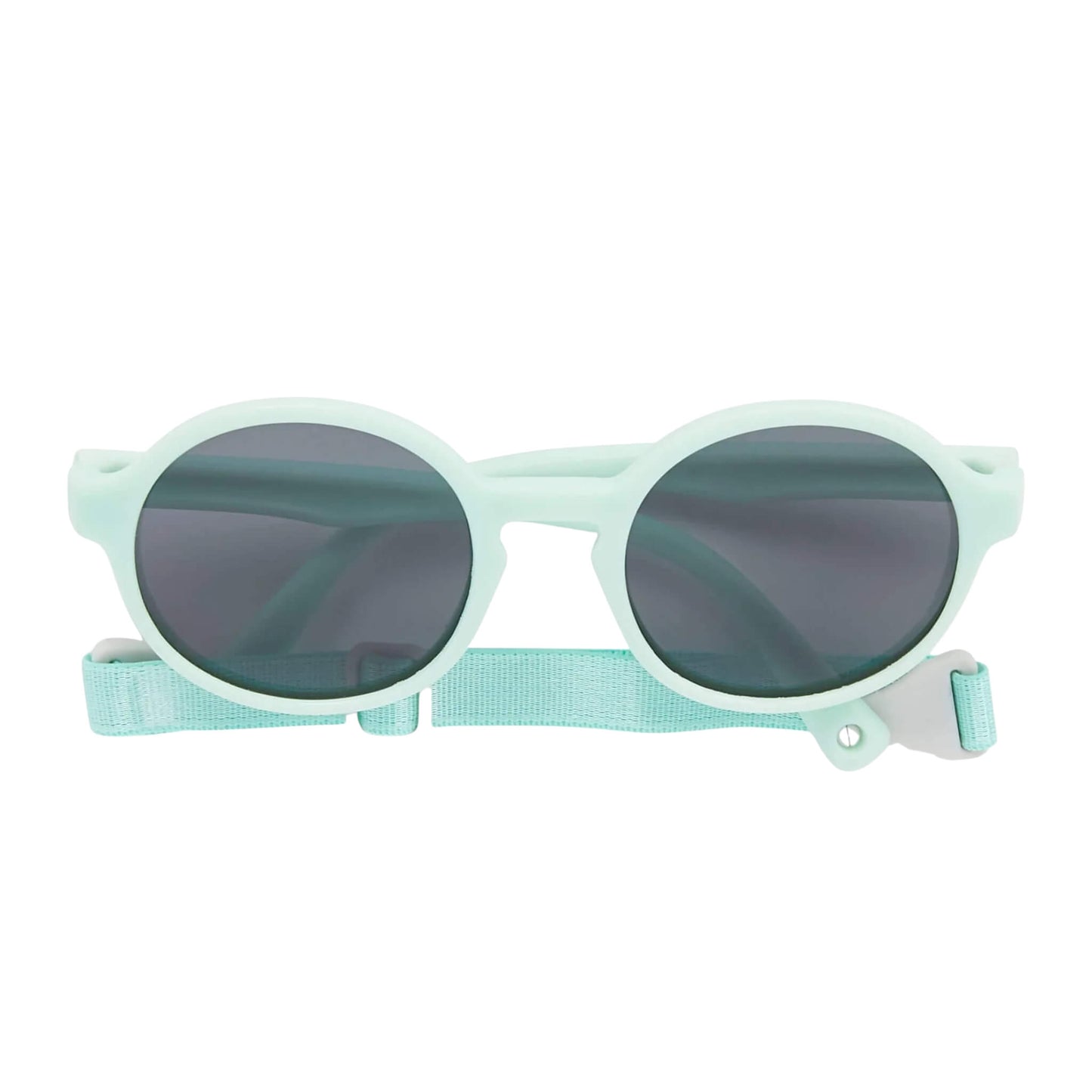Dooky Fiji Sunglasses in mint with round UV-400 lenses, toddler-sized frame, and matching adjustable strap, shown front-facing for clear product detail.