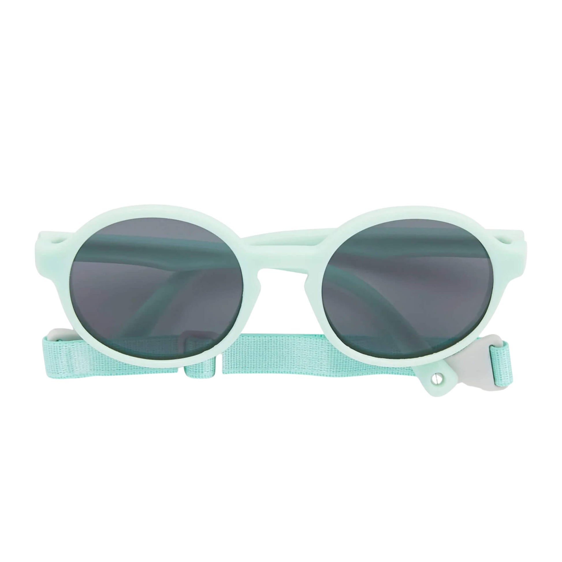 Dooky Fiji Sunglasses in mint with round UV-400 lenses, toddler-sized frame, and matching adjustable strap, shown front-facing for clear product detail.