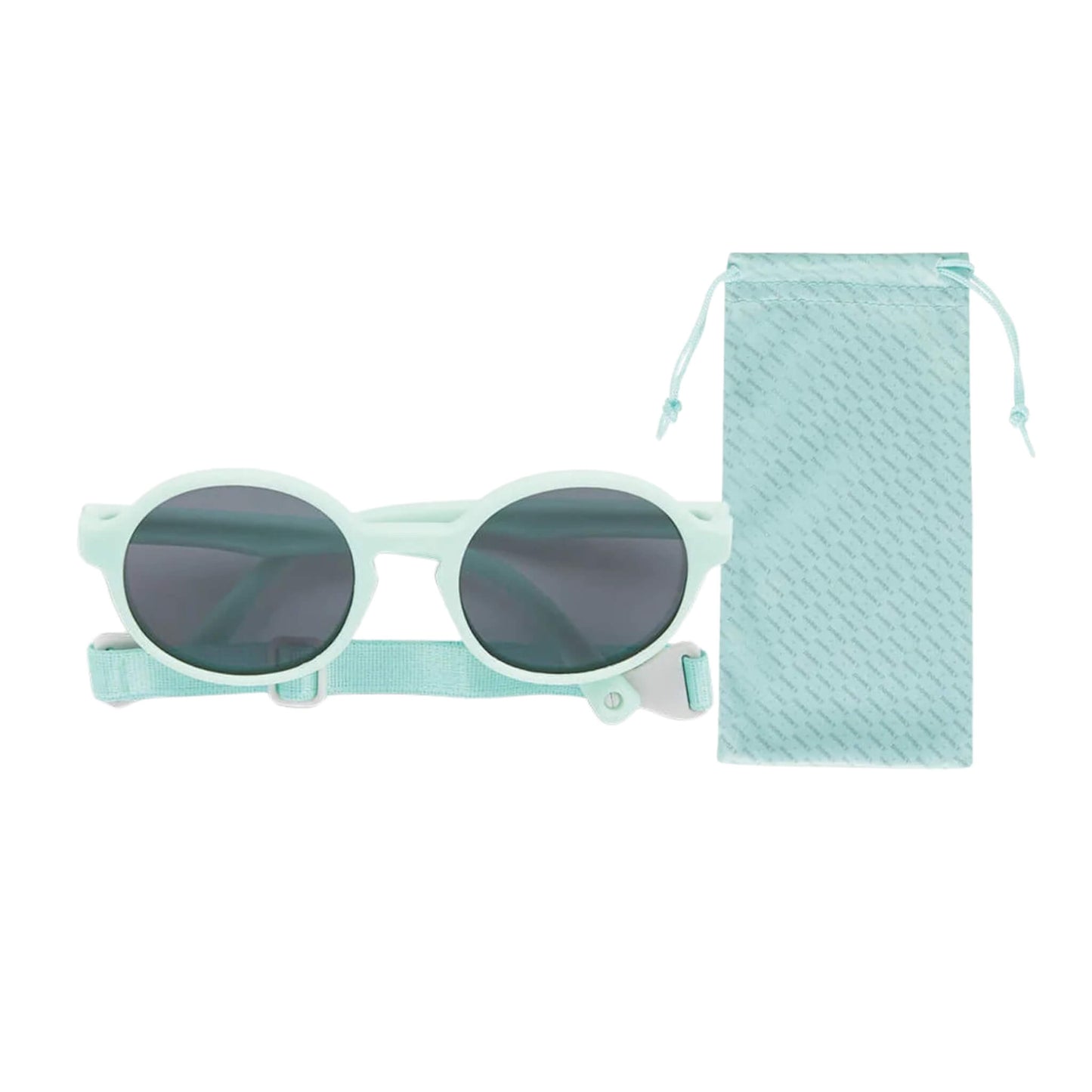 A pair of mint baby sunglasses displayed front-facing next to a matching soft drawstring pouch, showing both the product and included storage accessory.