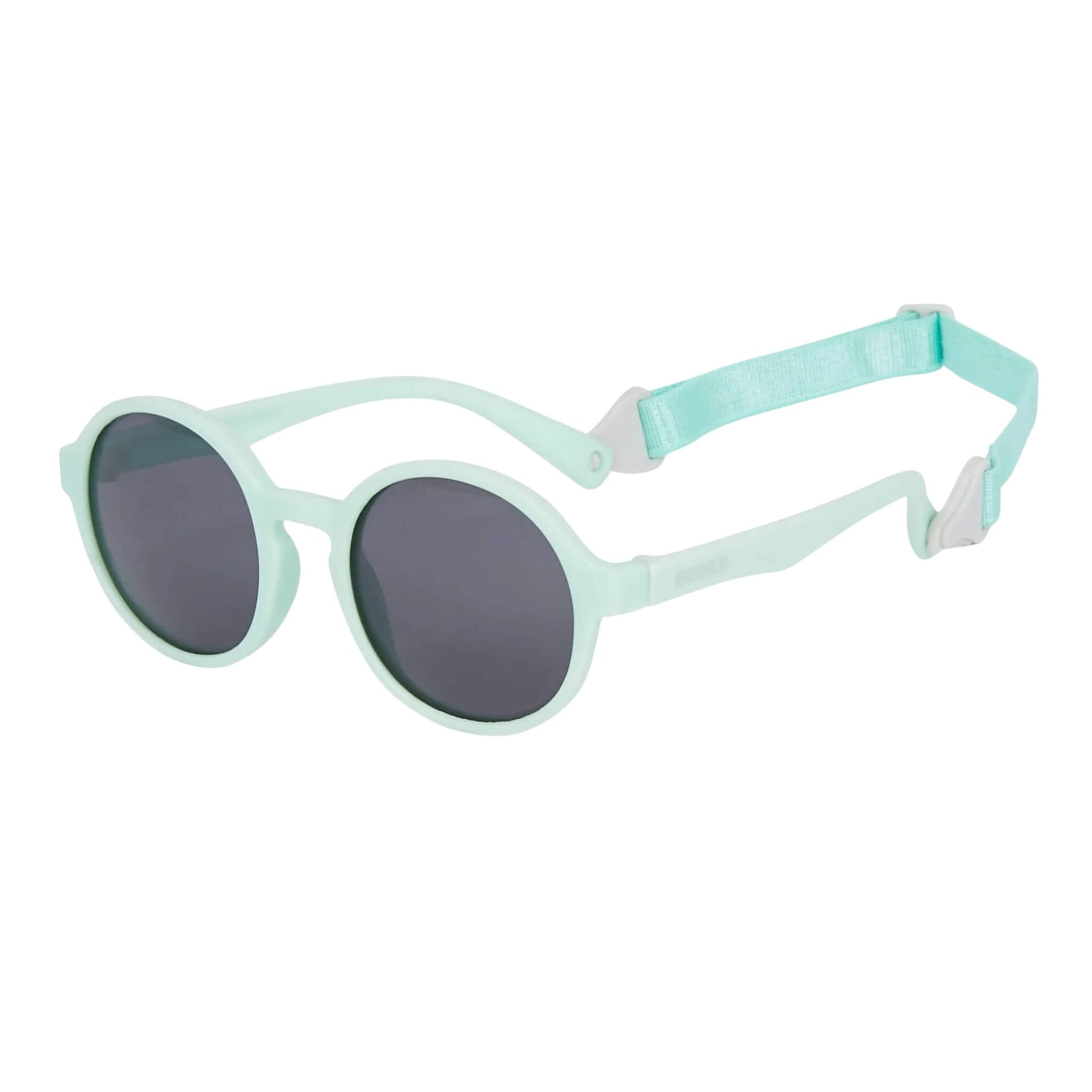 Side angle of a pair of mint sunglasses for toddlers with an attached light blue strap, showing the flexible arms and curved fit of the frame.