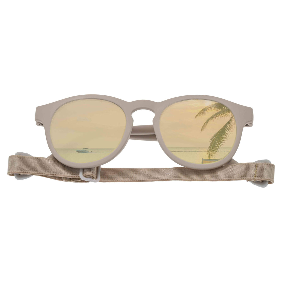 Dooky Hawaii Beige children’s sunglasses with gold mirrored lenses and adjustable beige strap.