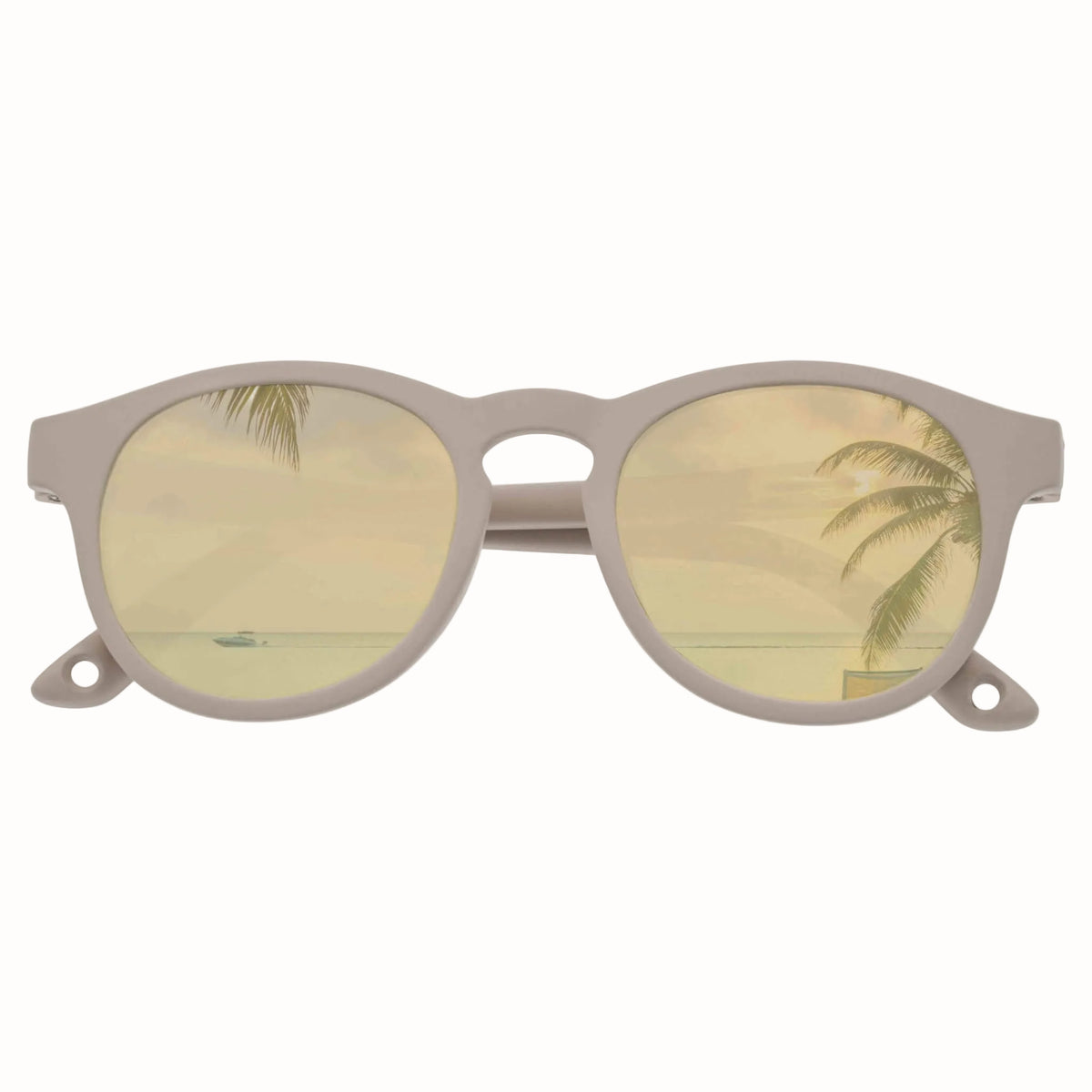 Beige children’s sunglasses with rounded frames and gold mirrored lenses, viewed from the front.