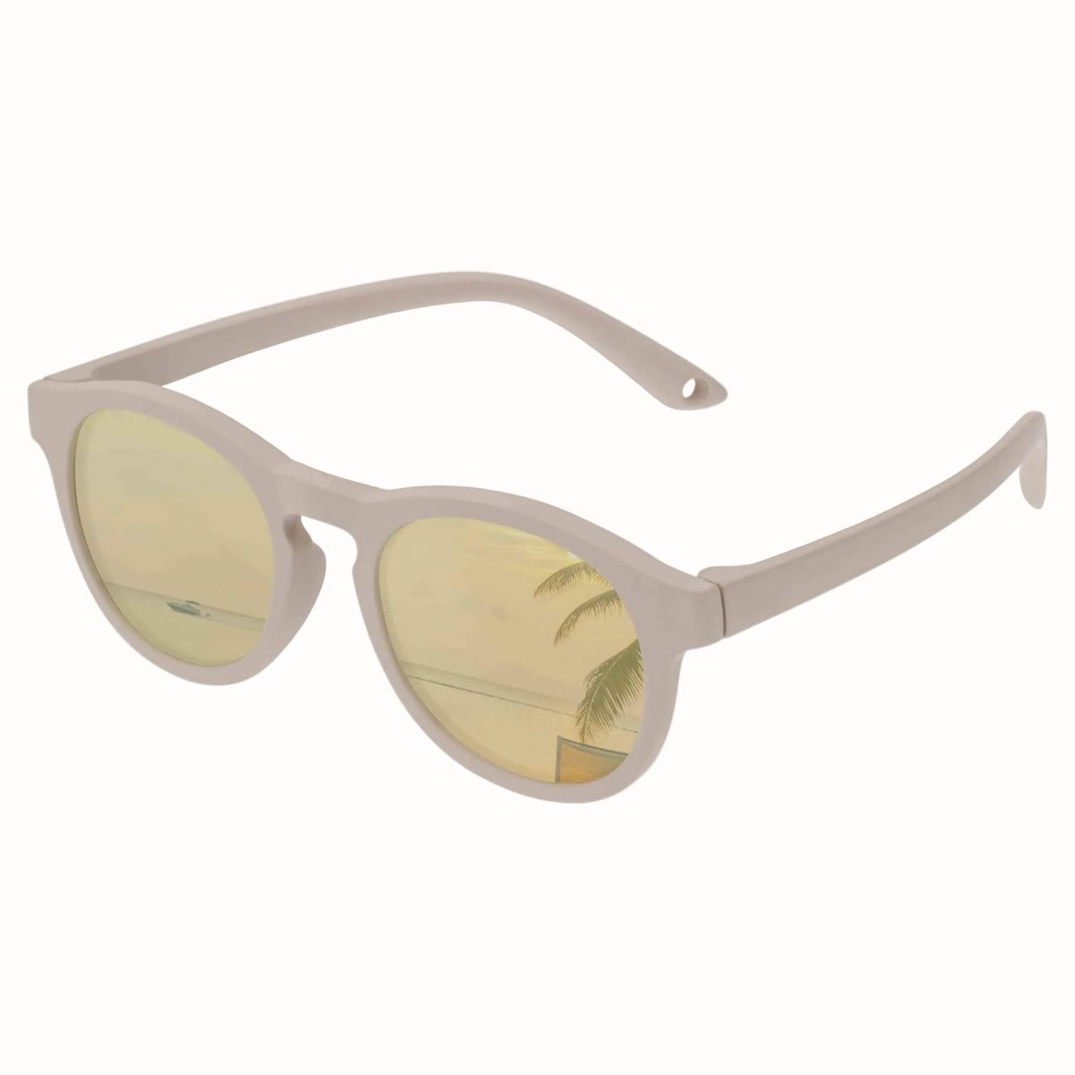 Beige children’s sunglasses with gold mirrored lenses, shown at an angle with the arms open.