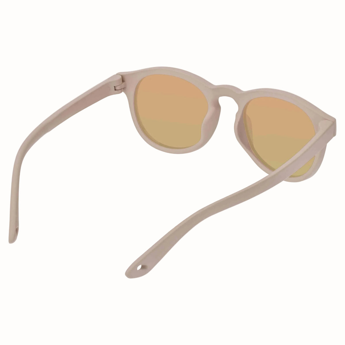 A pair of round-frame kids sunglasses with a matte beige frame and warm yellow mirrored lenses, shown from a side angle on a plain white background.