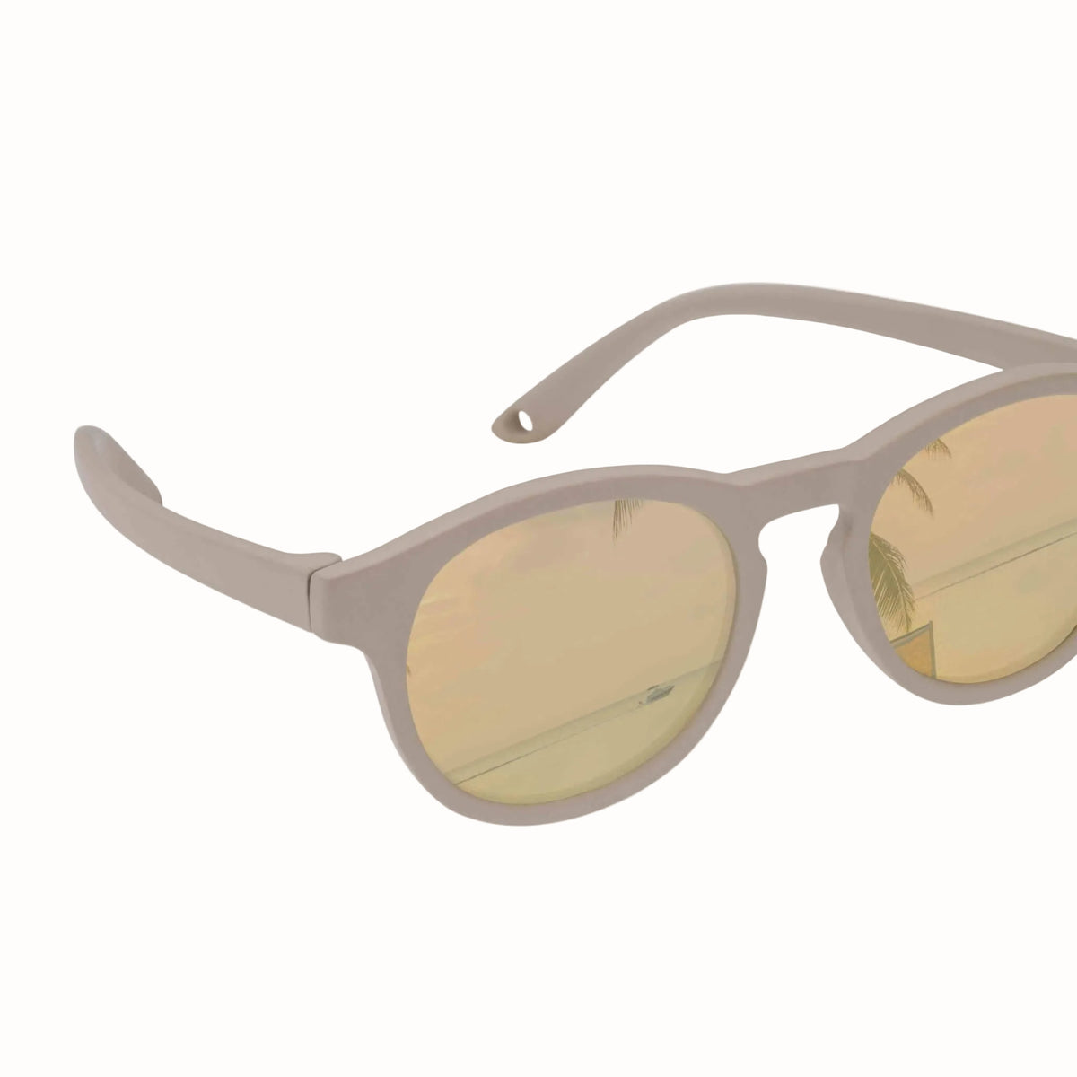 Round toddler sunglasses with a matte taupe frame and warm yellow mirrored lenses, shown on a plain white background.