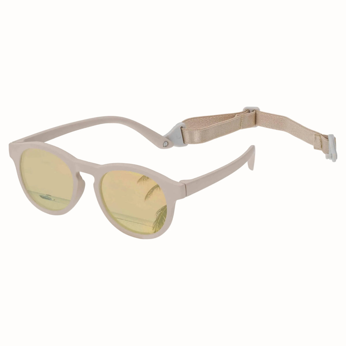 A pair of round-frame kids sunglasses with a beige frame and matching adjustable strap, featuring yellow mirrored lenses.
