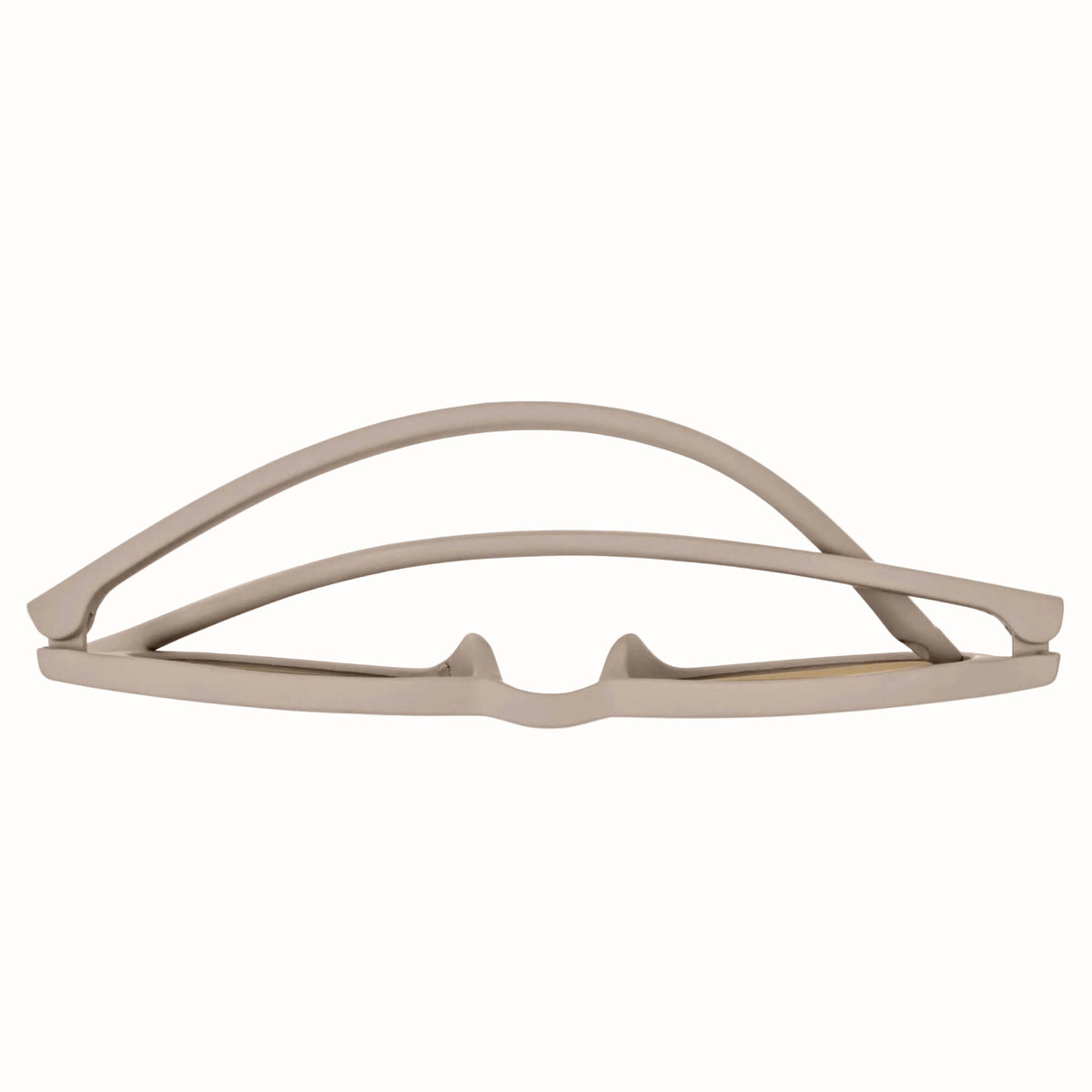Beige children’s sunglasses folded flat, showing the slim frame and arms.