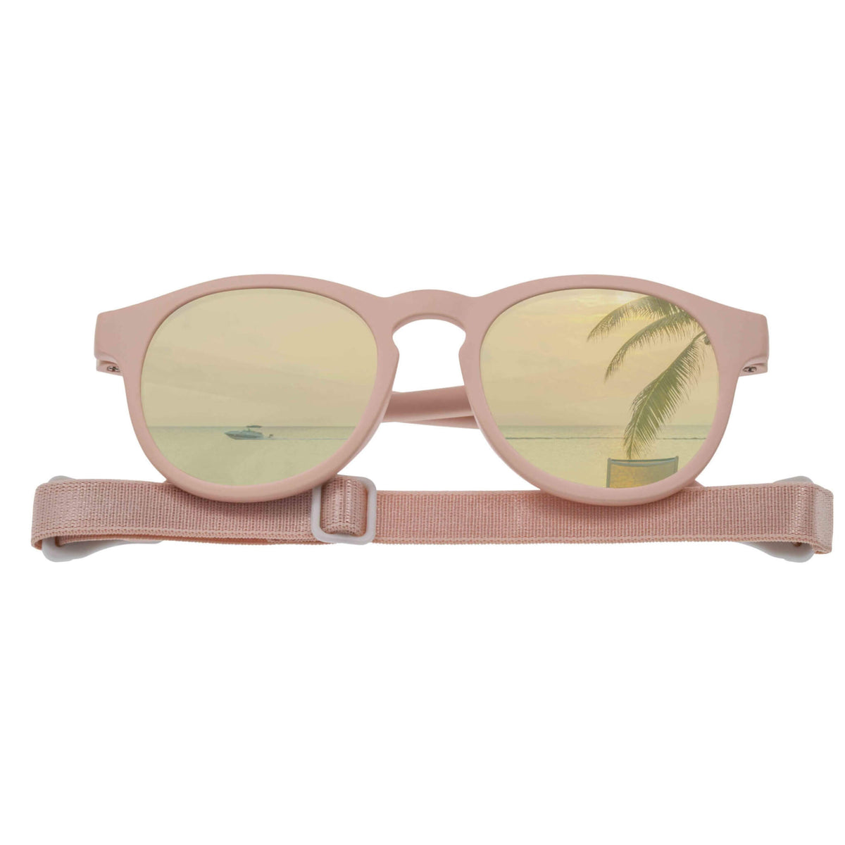 Dooky Hawaii Pink baby sunglasses with gold mirrored lenses and adjustable strap.
