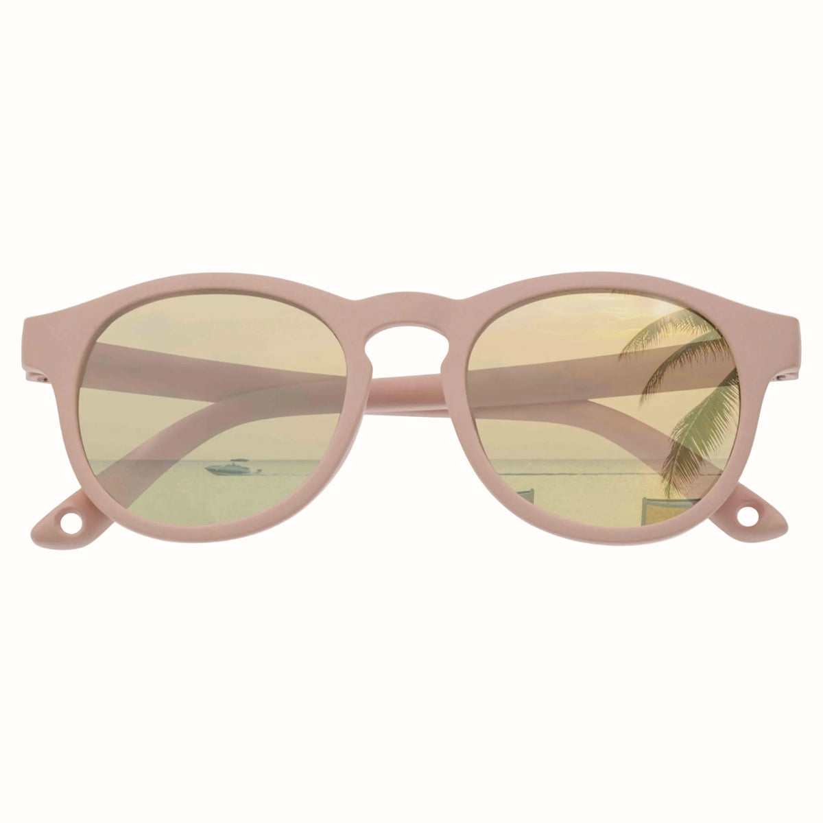Pink sunglasses with yellow-tinted lenses on a white background