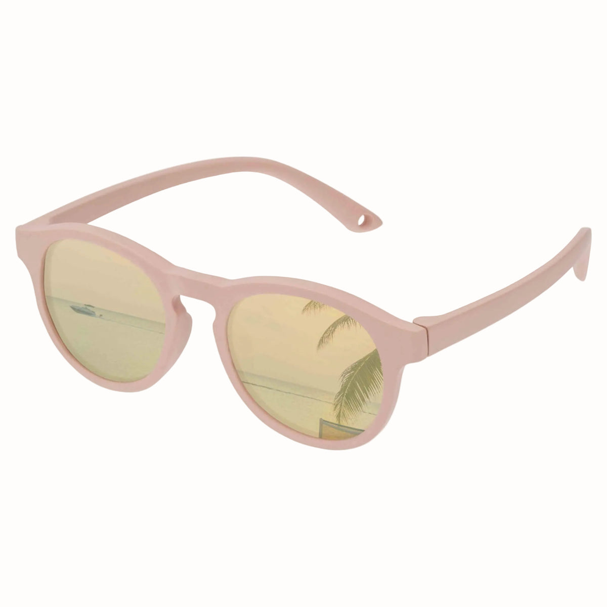 Pink sunglasses with reflective lenses on a white background