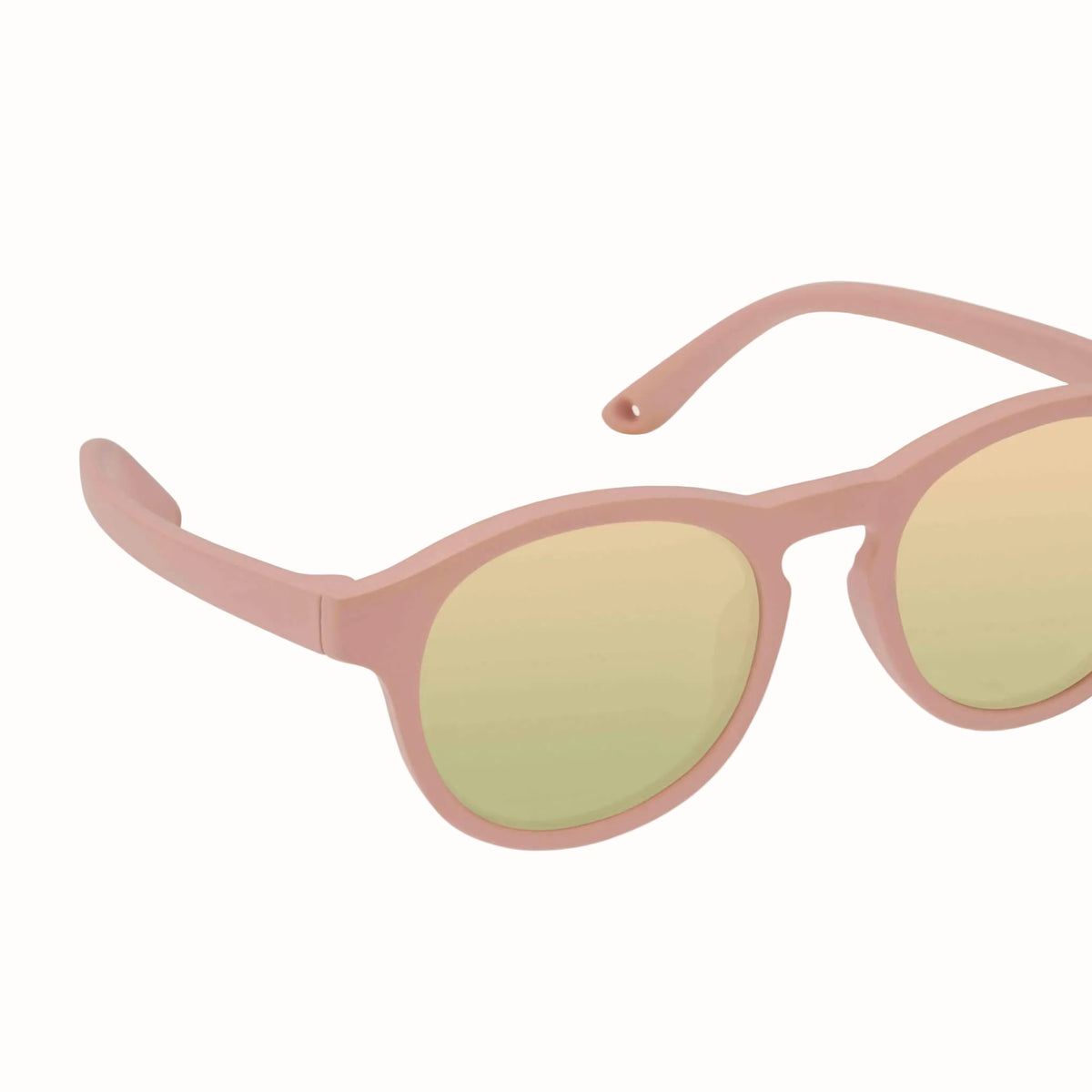 Pink round-frame sunglasses with mirrored yellow-green lenses, shown on a clean white background.