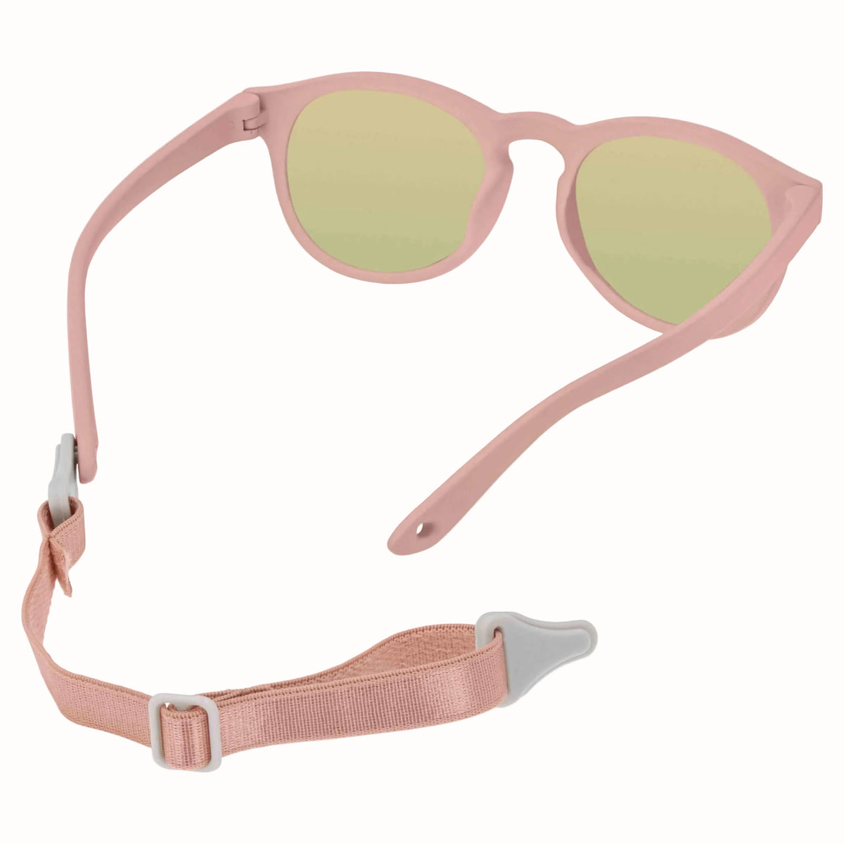Pink sunglasses with a strap on a white background