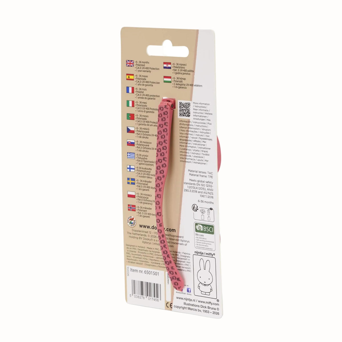 Back of children’s sunglasses packaging showing product information, pink patterned frames and safety details.