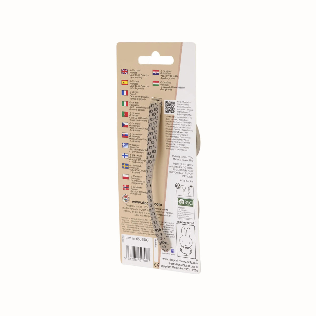 Back of children's sunglasses packaging showing product information, patterned taupe frames and safety details.