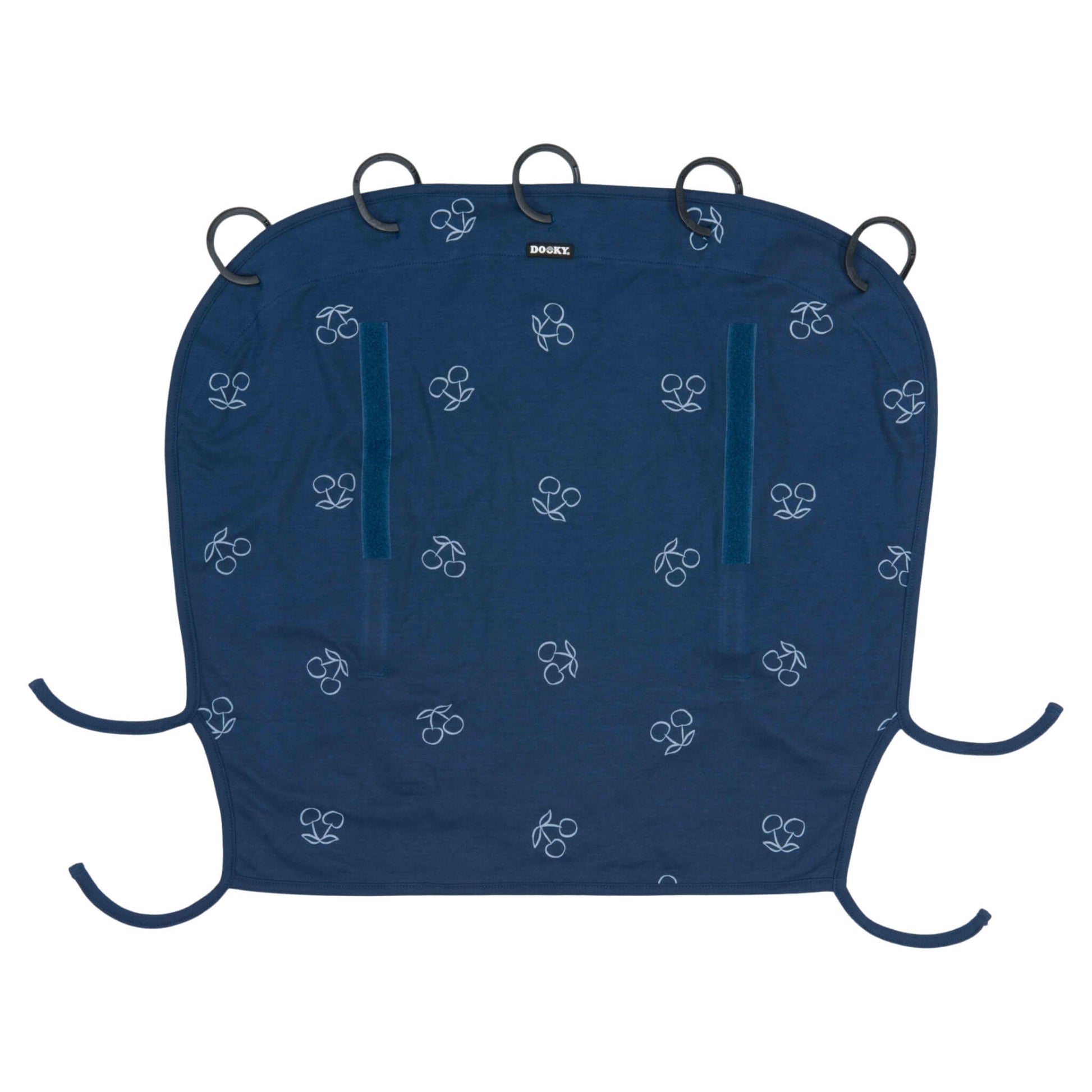 Dooky Sun Shade in Blue Cherry shown flat with five black plastic rings, two vertical Velcro strips, and four tie-down straps, ready to attach to prams or car seats.
