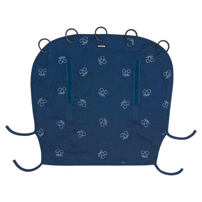 Dooky Sun Shade in Blue Cherry shown flat with five black plastic rings, two vertical Velcro strips, and four tie-down straps, ready to attach to prams or car seats.