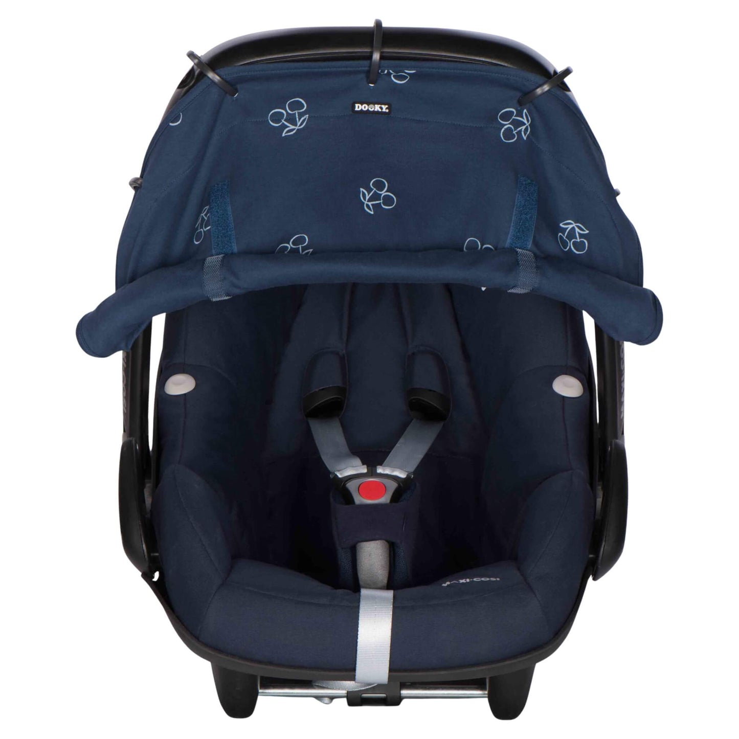 A blue cotton sunshade with white cherry print attached to an infant car seat. The fabric is rolled down and secured at the bottom, covering the seat area fully.