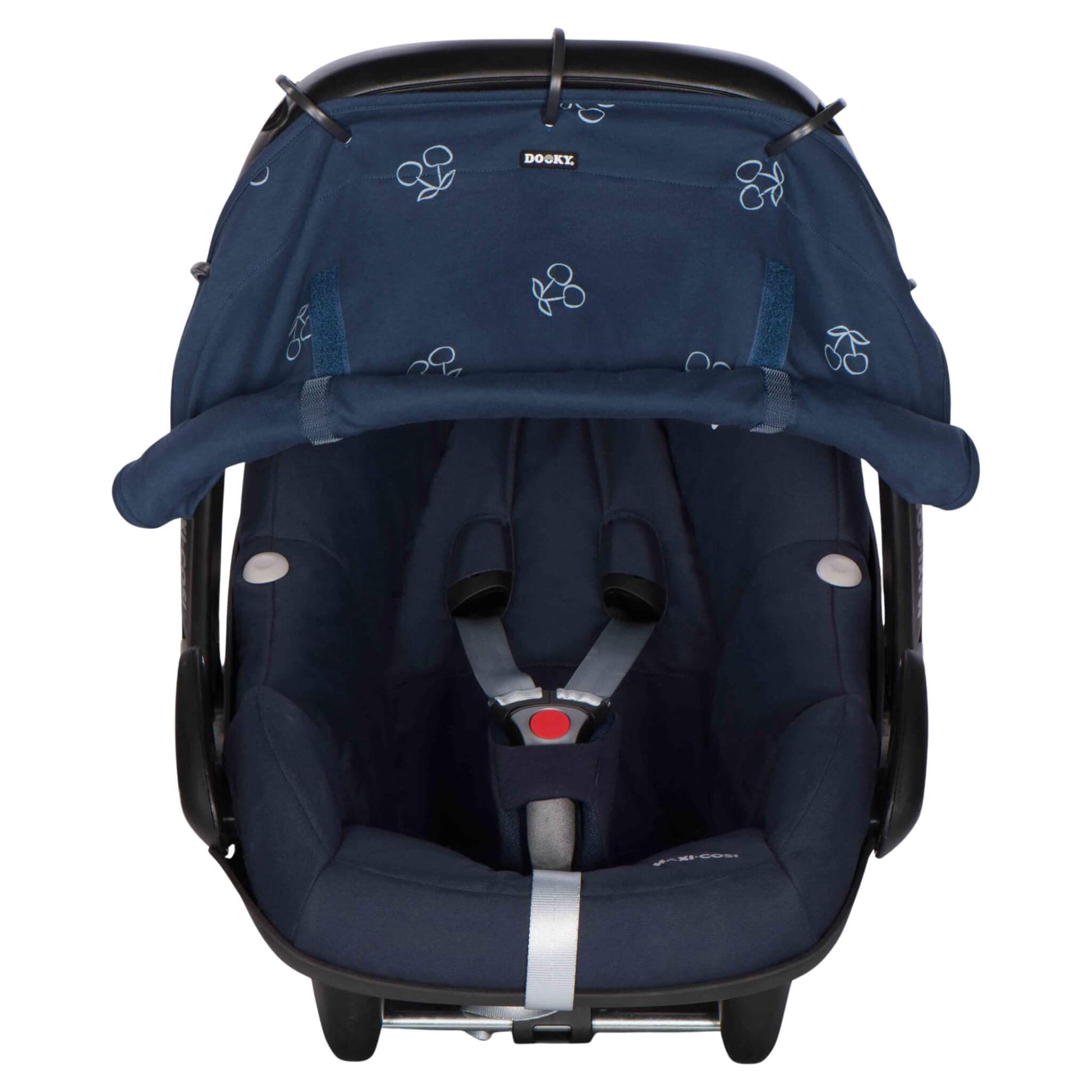 A blue cotton sunshade with white cherry print attached to an infant car seat. The fabric is rolled down and secured at the bottom, covering the seat area fully.