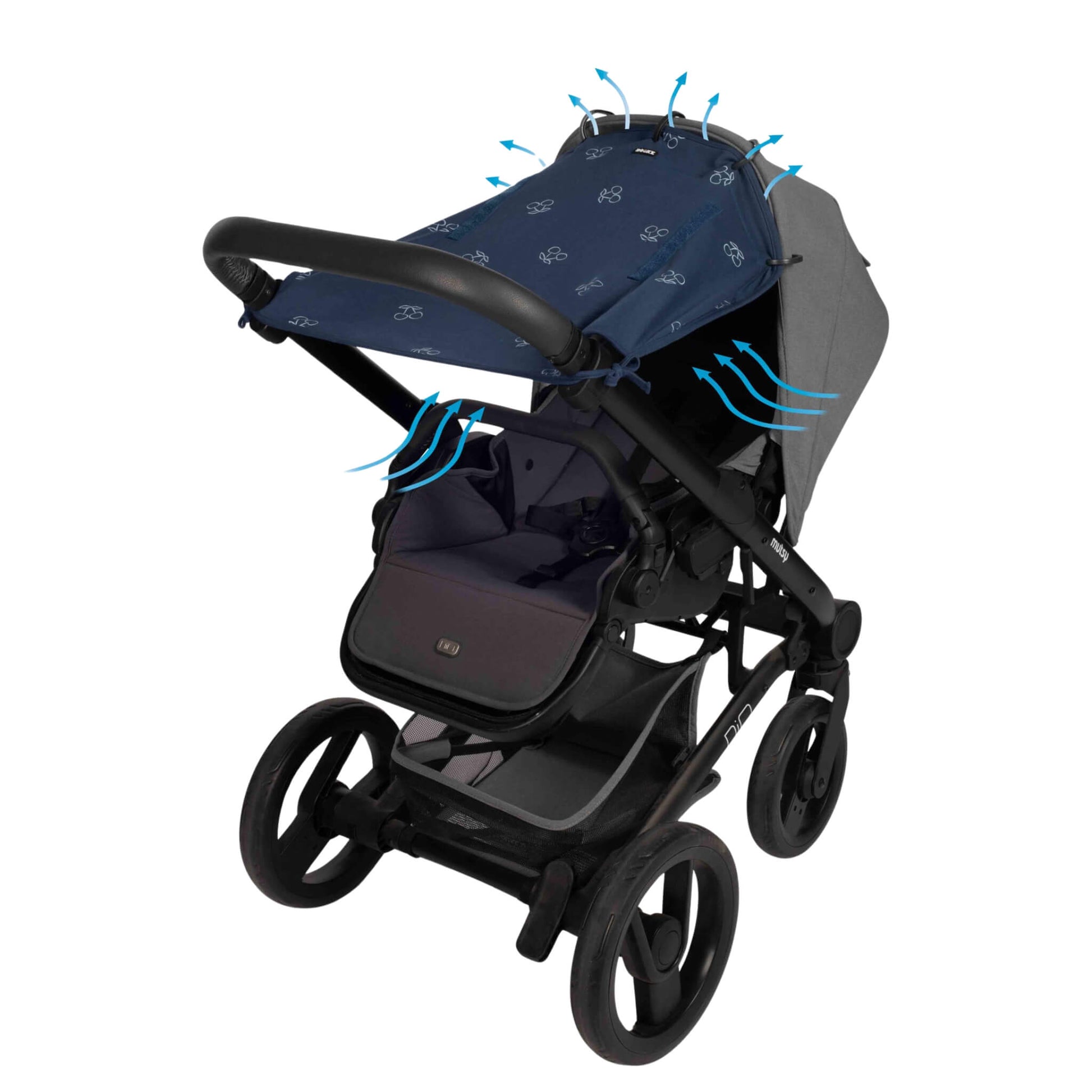 A stroller with a blue sunshade attached across the canopy, showing airflow arrows indicating breathability and ventilation through the top and sides.