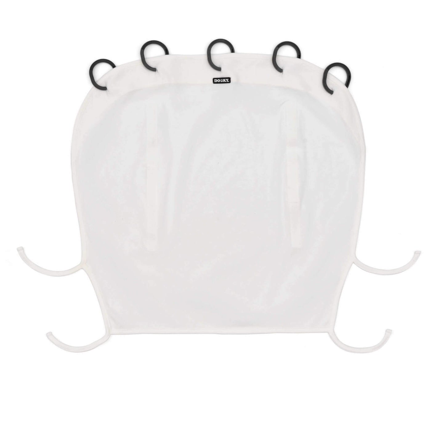 Dooky Sun Shade Cream shown laid flat with five black plastic rings, two vertical Velcro strips, and four tie-down straps for securing to prams or car seats.