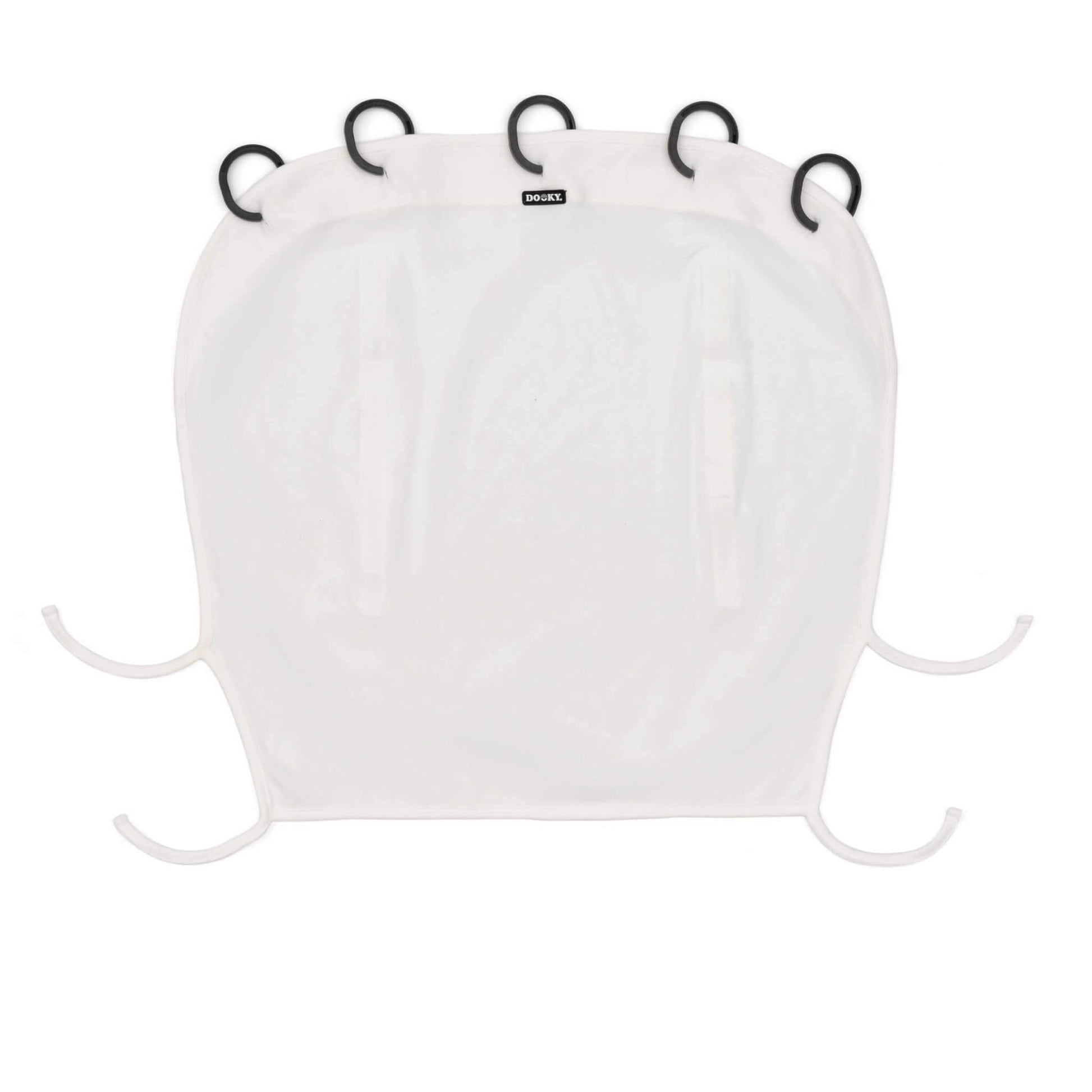 Dooky Sun Shade Cream shown laid flat with five black plastic rings, two vertical Velcro strips, and four tie-down straps for securing to prams or car seats.