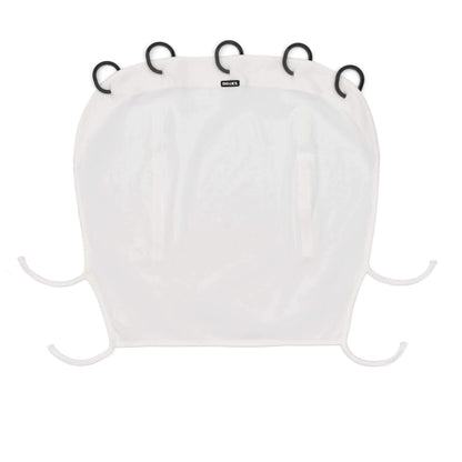 Dooky Sun Shade Cream shown laid flat with five black plastic rings, two vertical Velcro strips, and four tie-down straps for securing to prams or car seats.