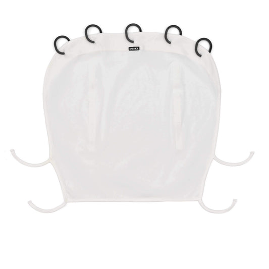 Dooky Sun Shade Cream shown laid flat with five black plastic rings, two vertical Velcro strips, and four tie-down straps for securing to prams or car seats.