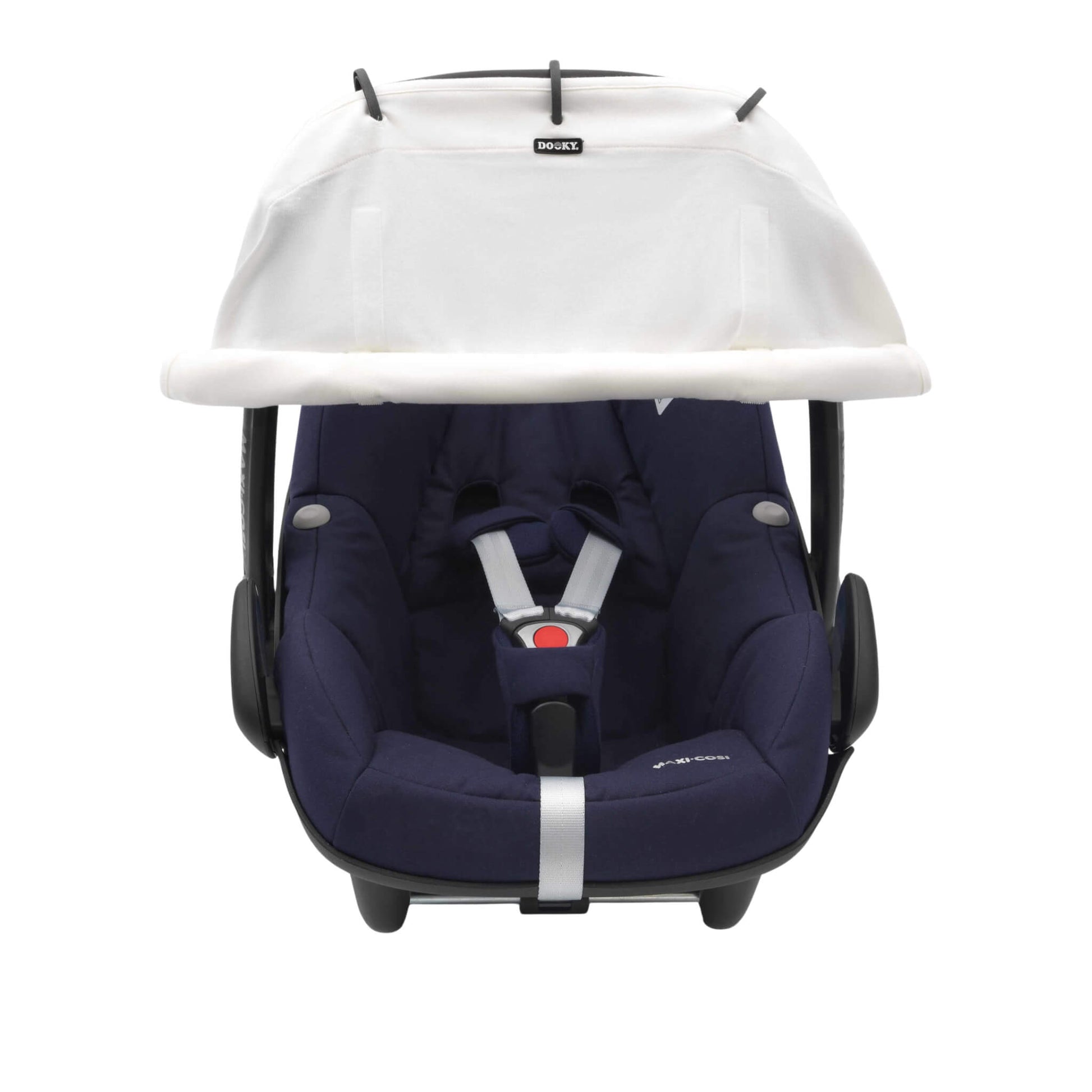 A cream sunshade with black rings attached to an infant car seat. The shade is rolled down and covers the top front area of the seat.