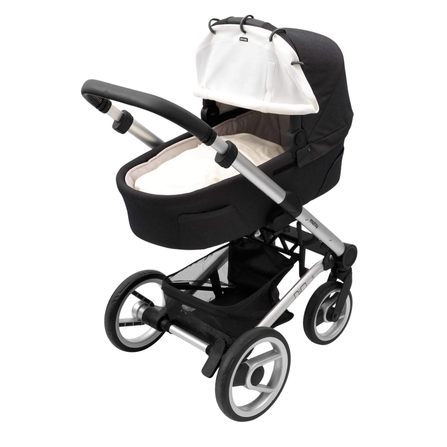 A cream sunshade fitted to a carrycot pram with black fabric and silver frame. The cover is partially rolled up and secured with Velcro.