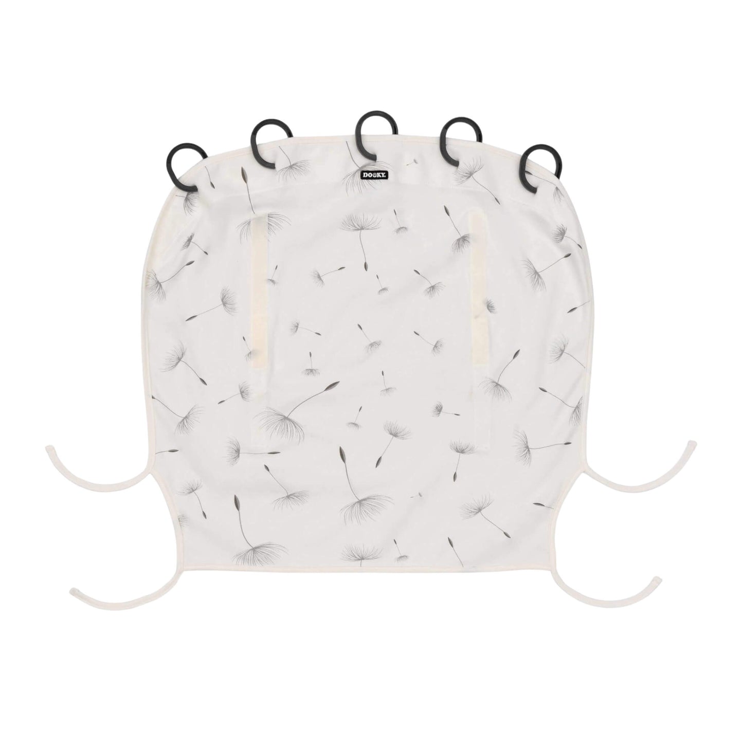 Dooky Sun Shade Dandelion shown laid flat with black rings, two vertical Velcro strips, and tie-down straps. Fabric features grey dandelion seed pattern.
