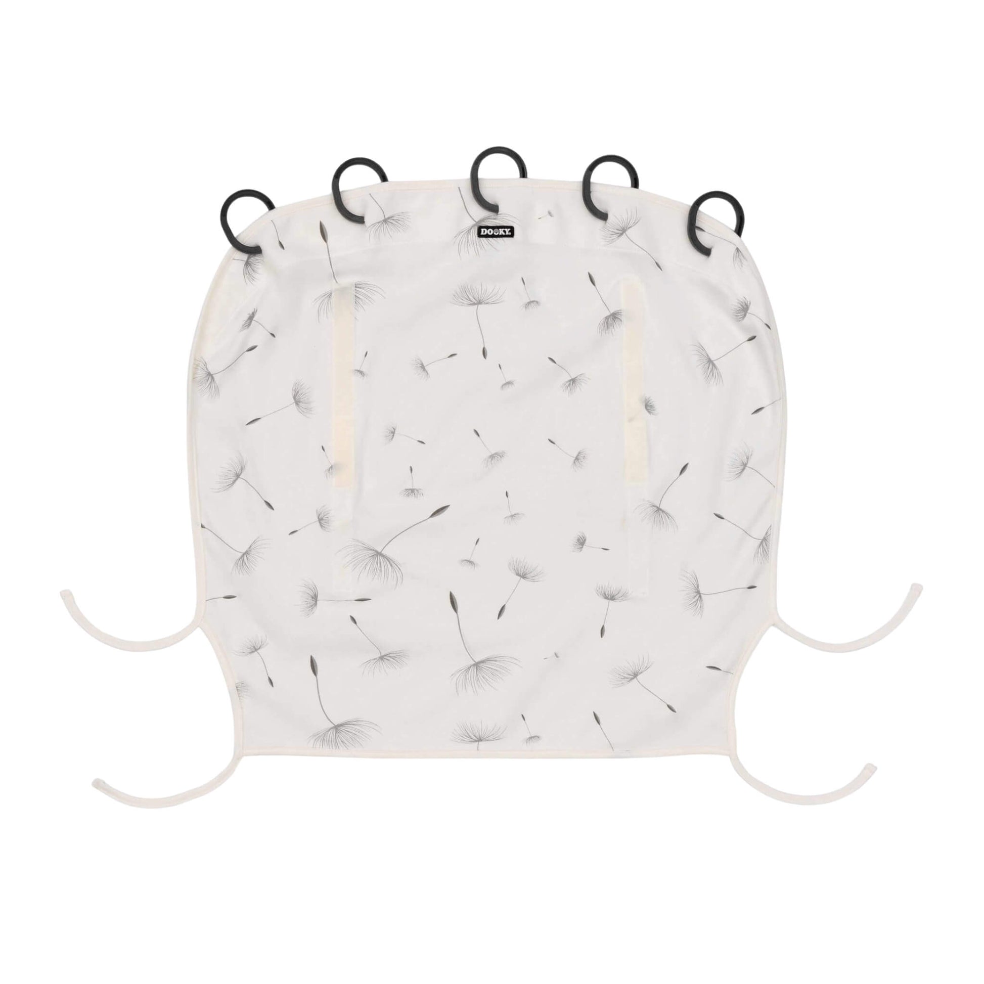 Dooky Sun Shade Dandelion shown laid flat with black rings, two vertical Velcro strips, and tie-down straps. Fabric features grey dandelion seed pattern.