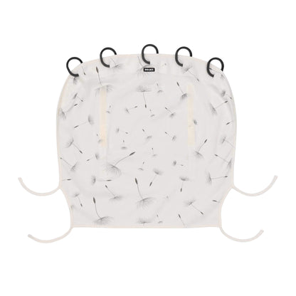 Dooky Sun Shade Dandelion shown laid flat with black rings, two vertical Velcro strips, and tie-down straps. Fabric features grey dandelion seed pattern.