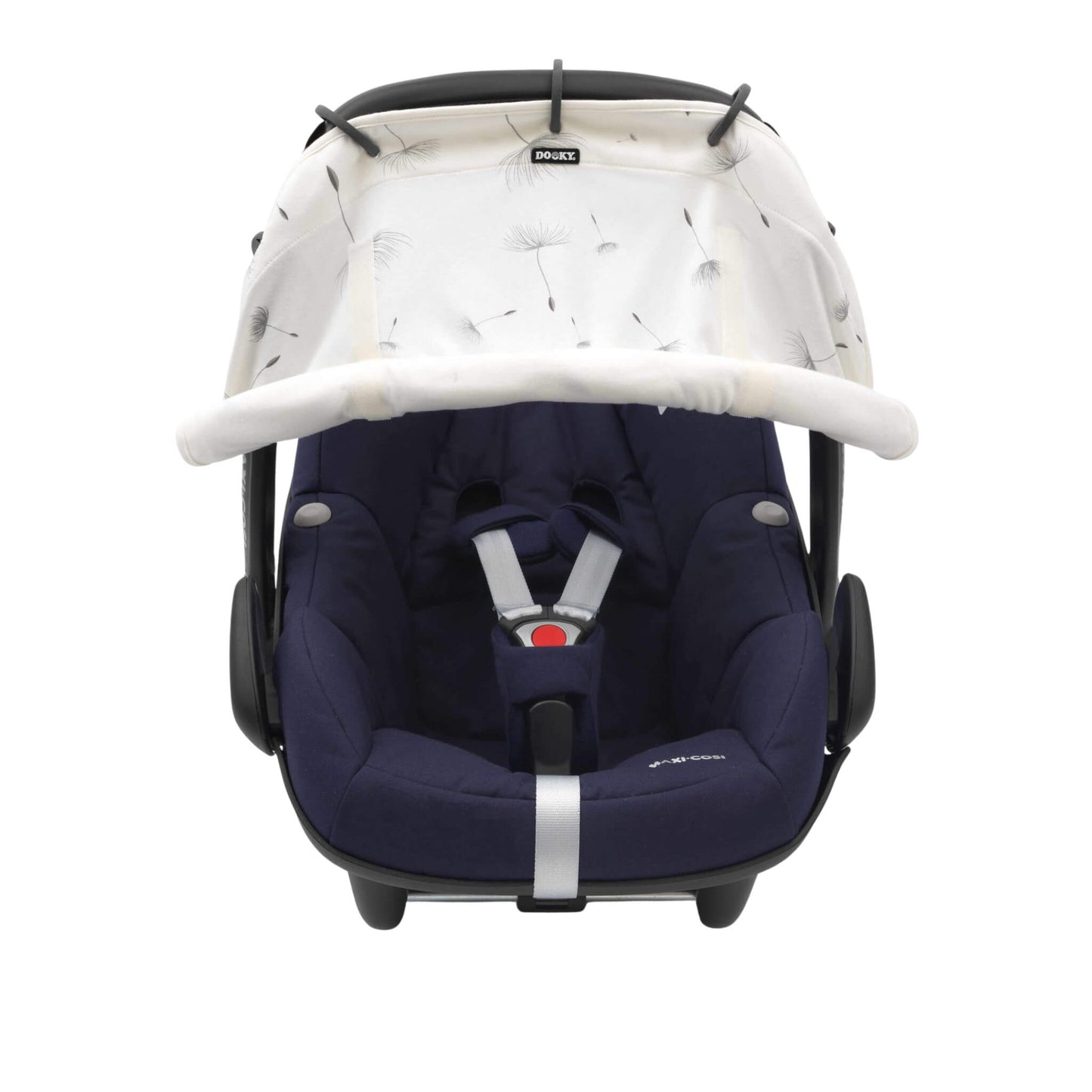 A dandelion-print sunshade in cream with black rings, attached to an infant car seat. The shade is rolled down and covers the seat’s upper front.